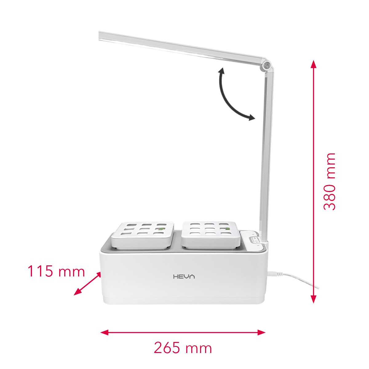 Biały system do ogrodu wewnętrznego z lampą LED i wymiarami.