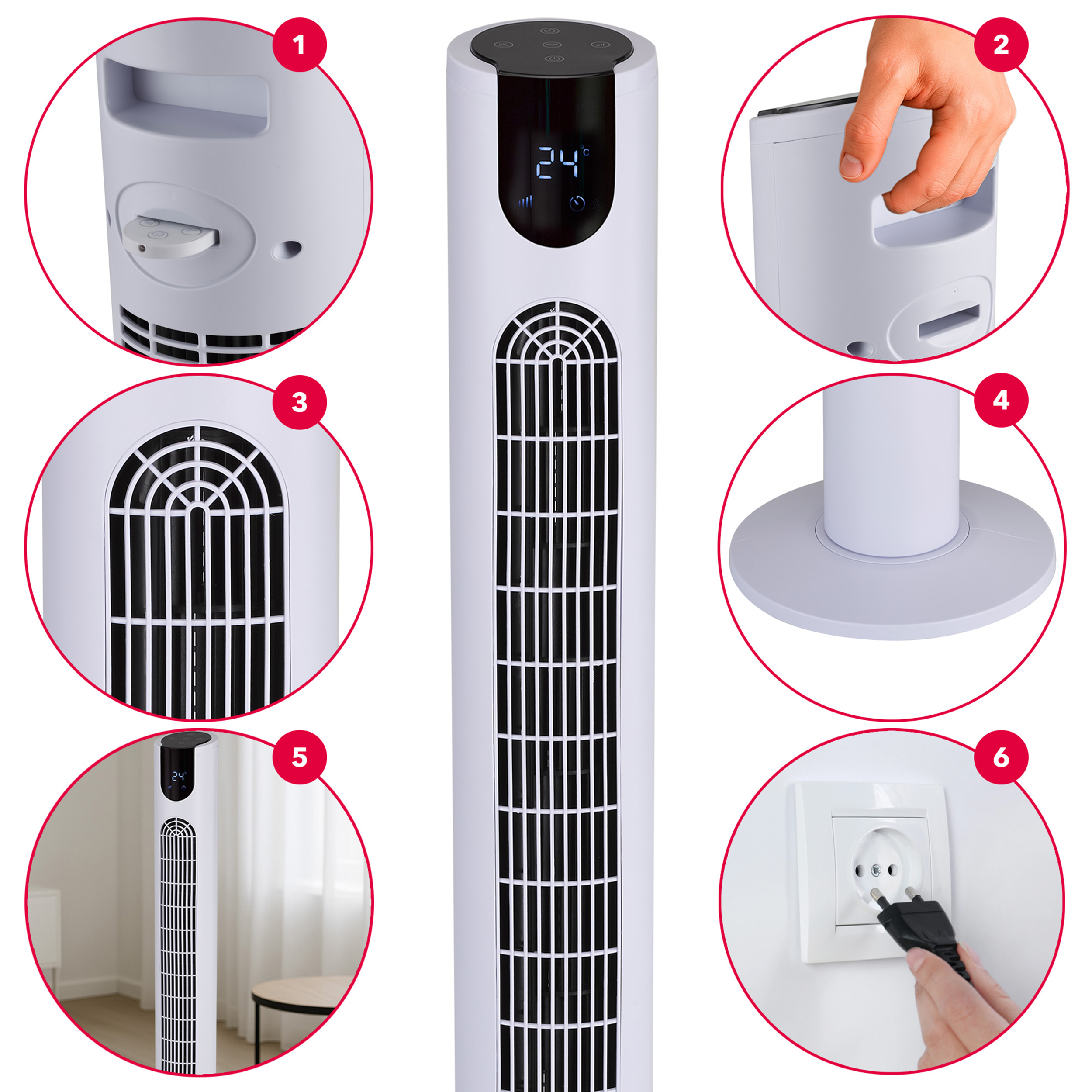 Biały wentylator wieżowy z wyświetlaczem, elementami sterującymi, uchwytem i podstawą.