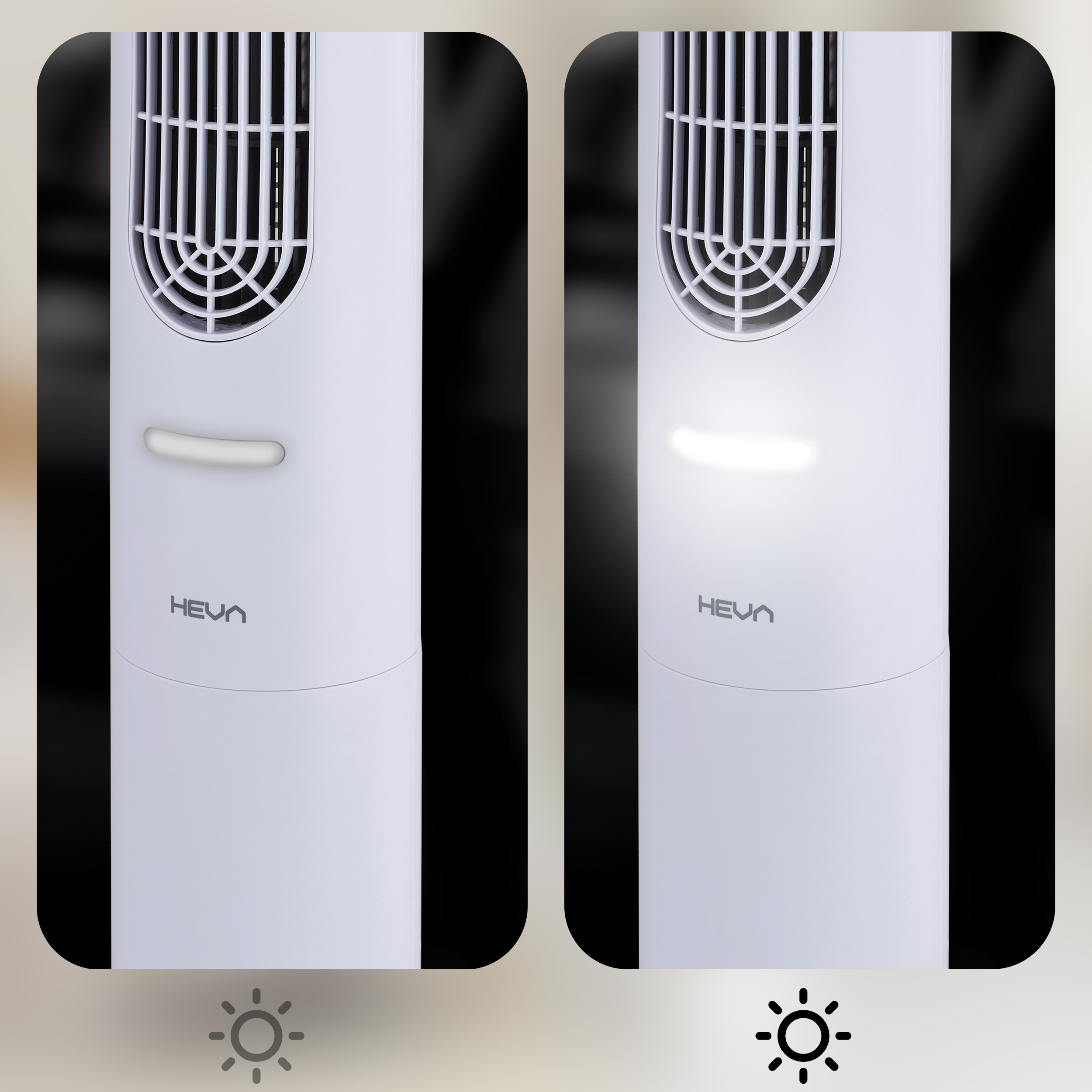 Dwa białe wentylatory obok siebie, jeden świeci.