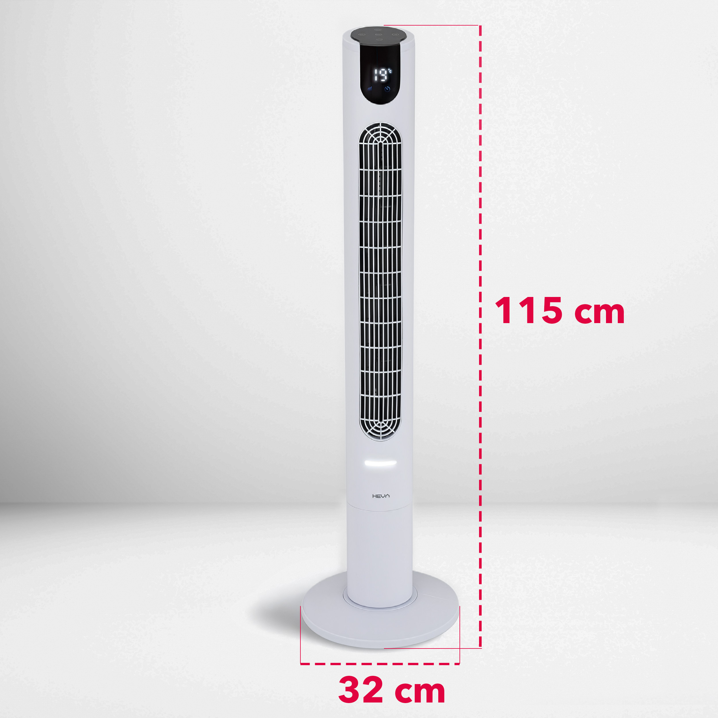 Biały wentylator wieżowy o wysokości 115 cm z cyfrowym wyświetlaczem.
