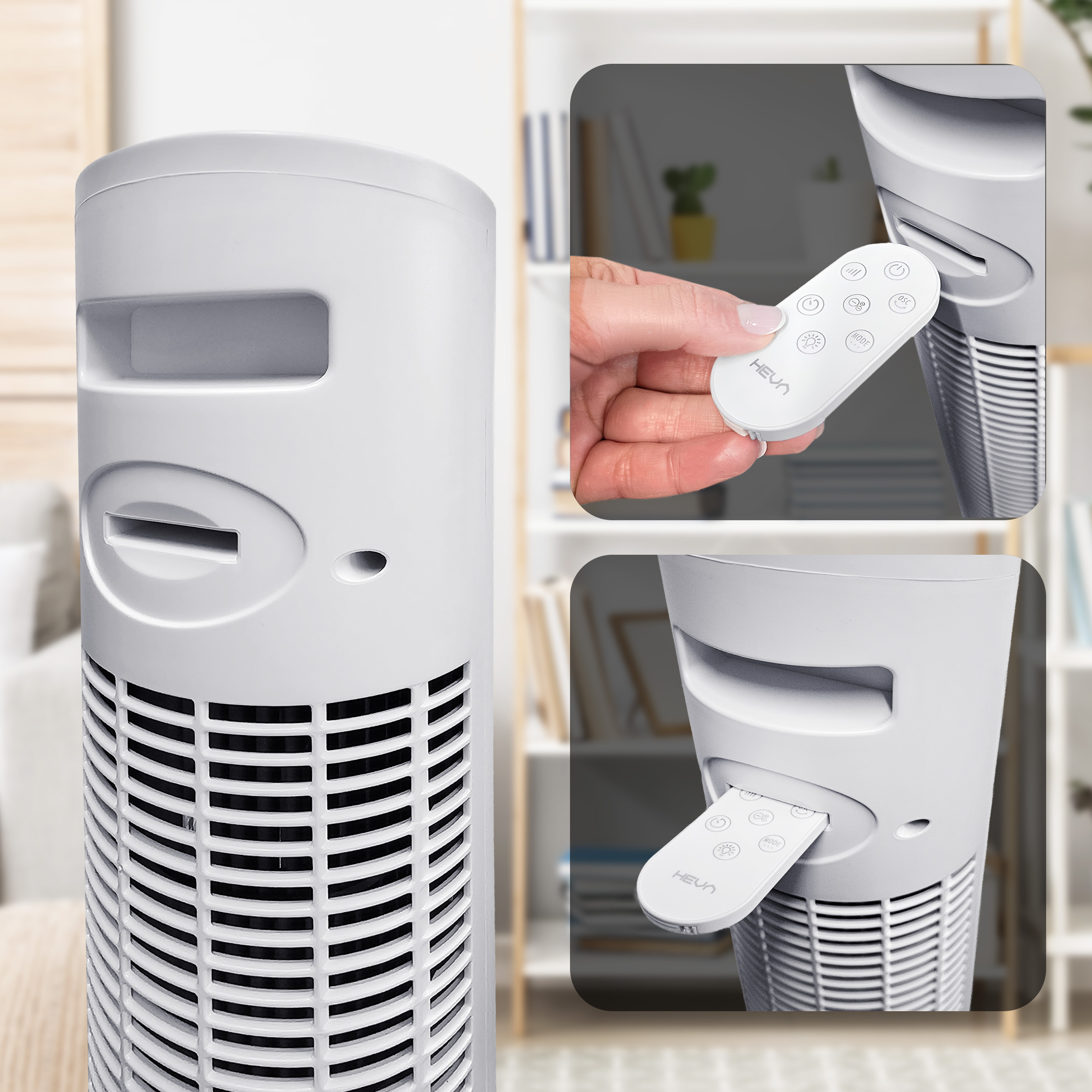 Biały wentylator wieżowy z pilotem trzymanym blisko wentylatora.