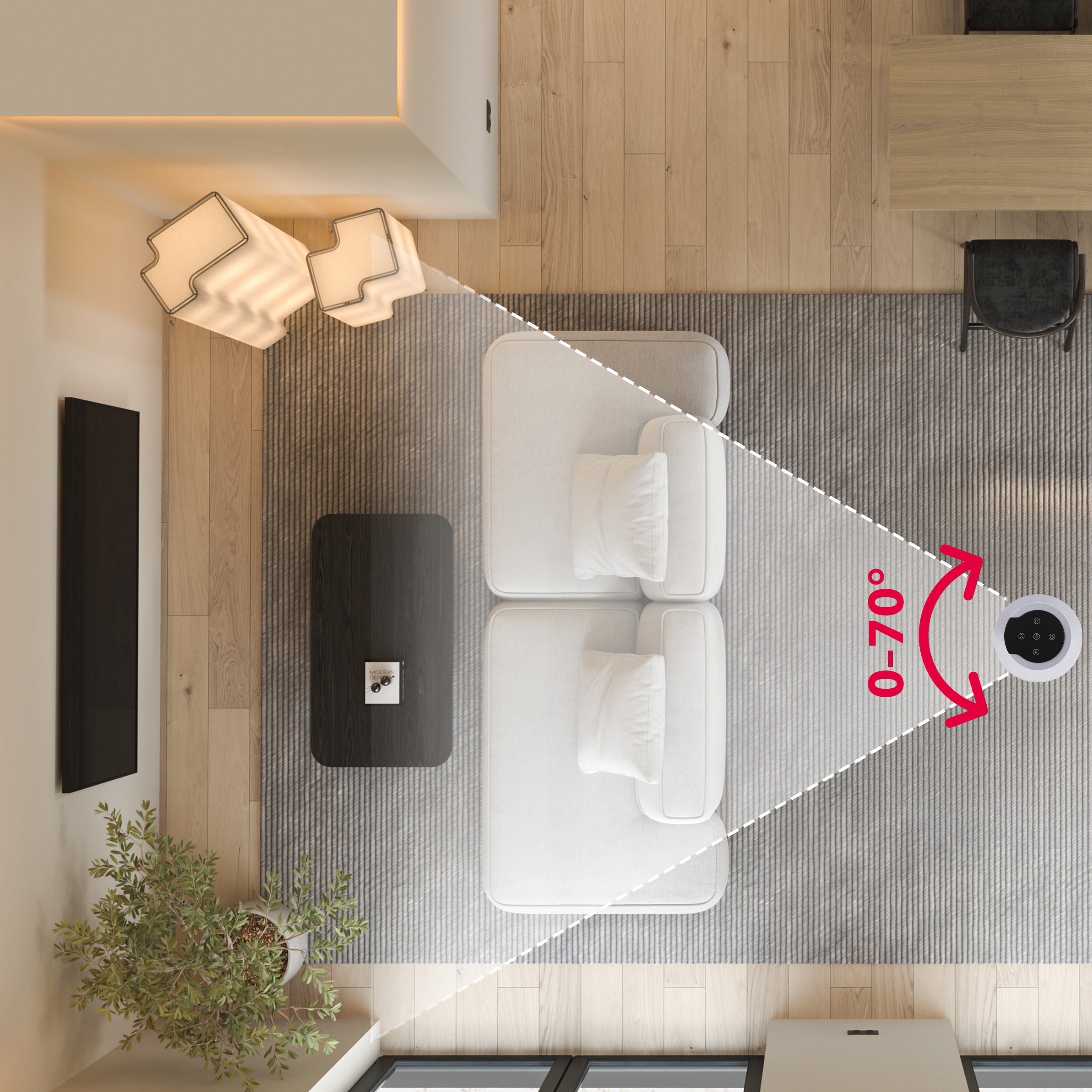 Widok z góry kamery bezpieczeństwa obejmującej salon z sofą i stołem.