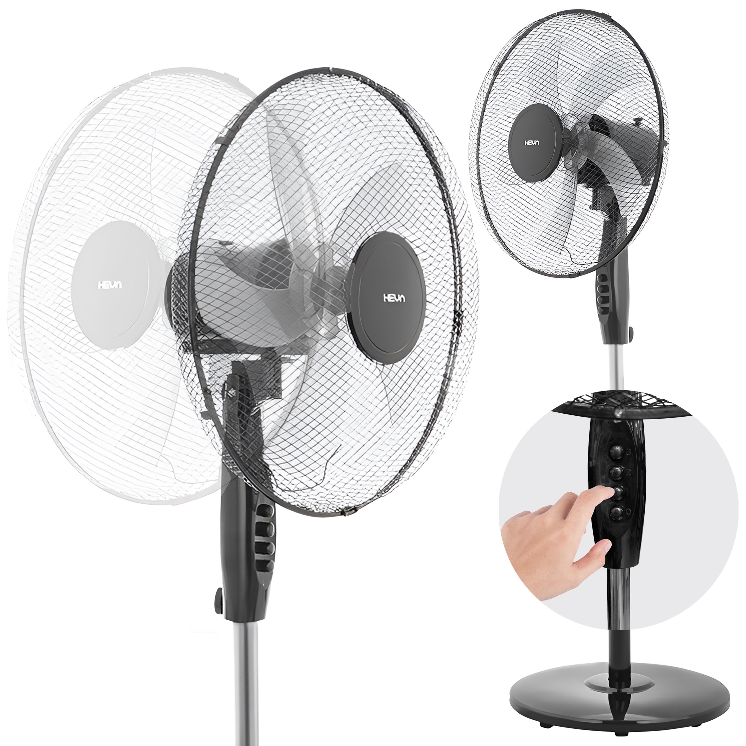 Czarny stojący wentylator z panelem sterowania, na który wskazuje palec.