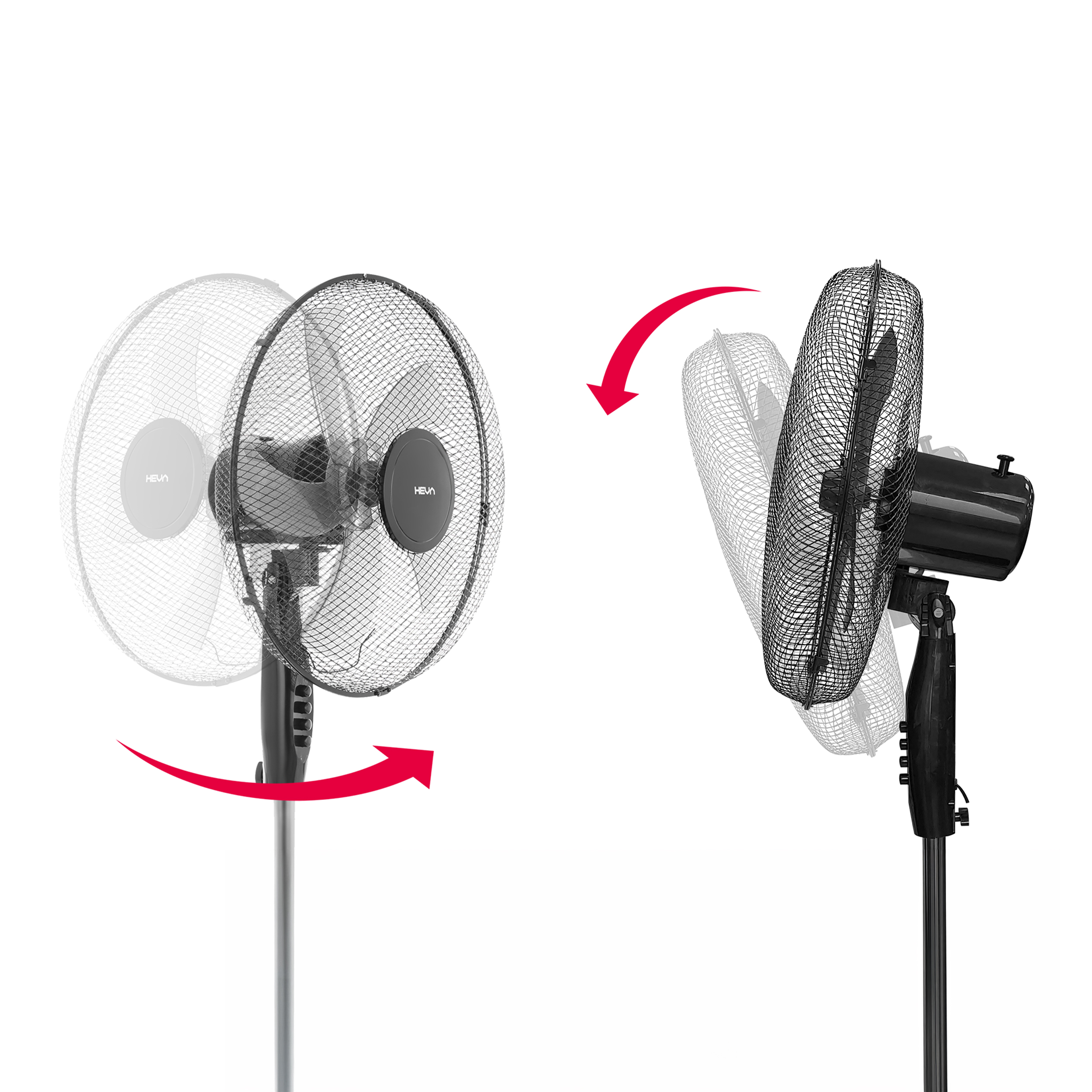 Dwa czarne wentylatory stojące, jeden z przodu, drugi z tyłu, ze strzałkami.