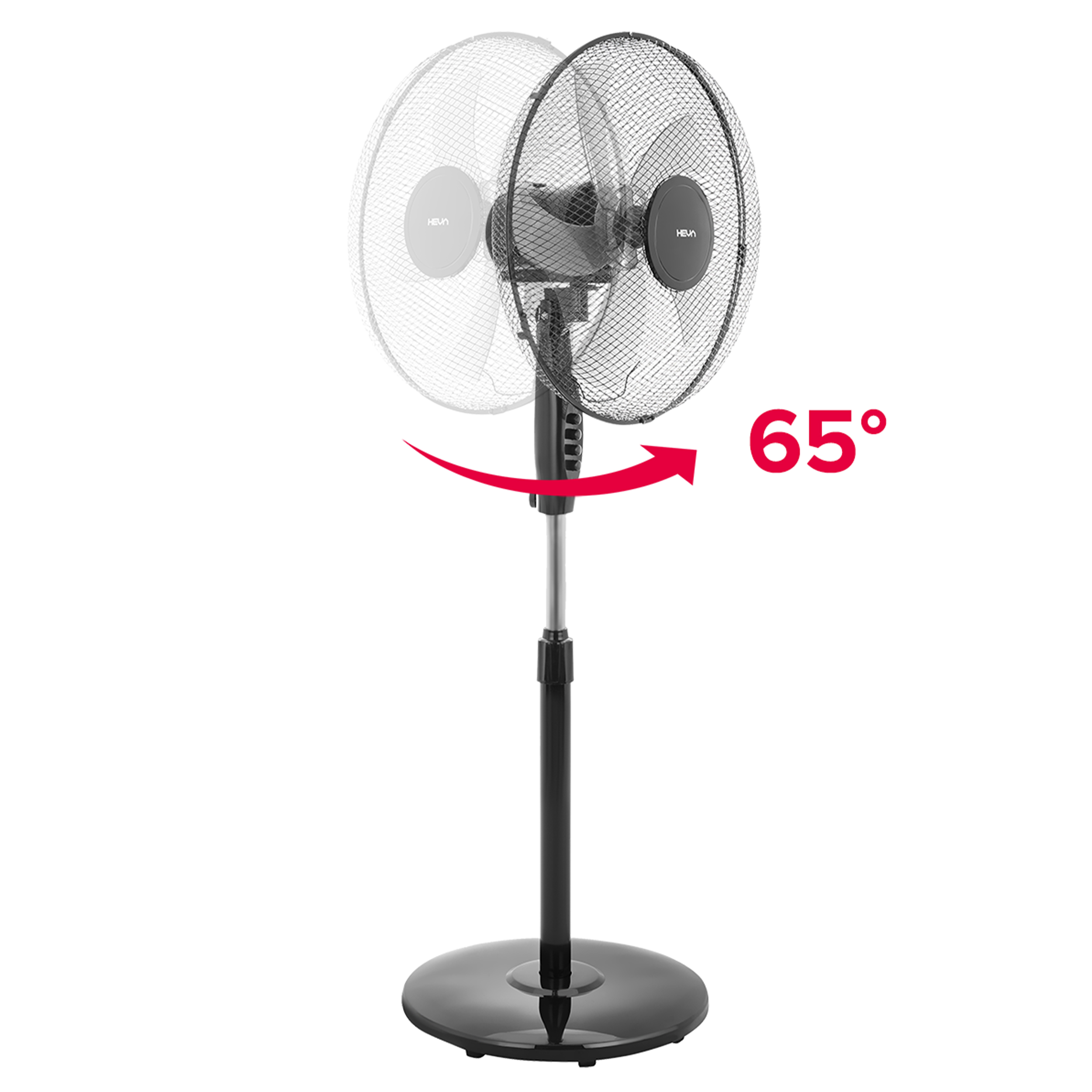 Czarny wentylator stojący z czerwoną strzałką wskazującą oscylację o 65 stopni.