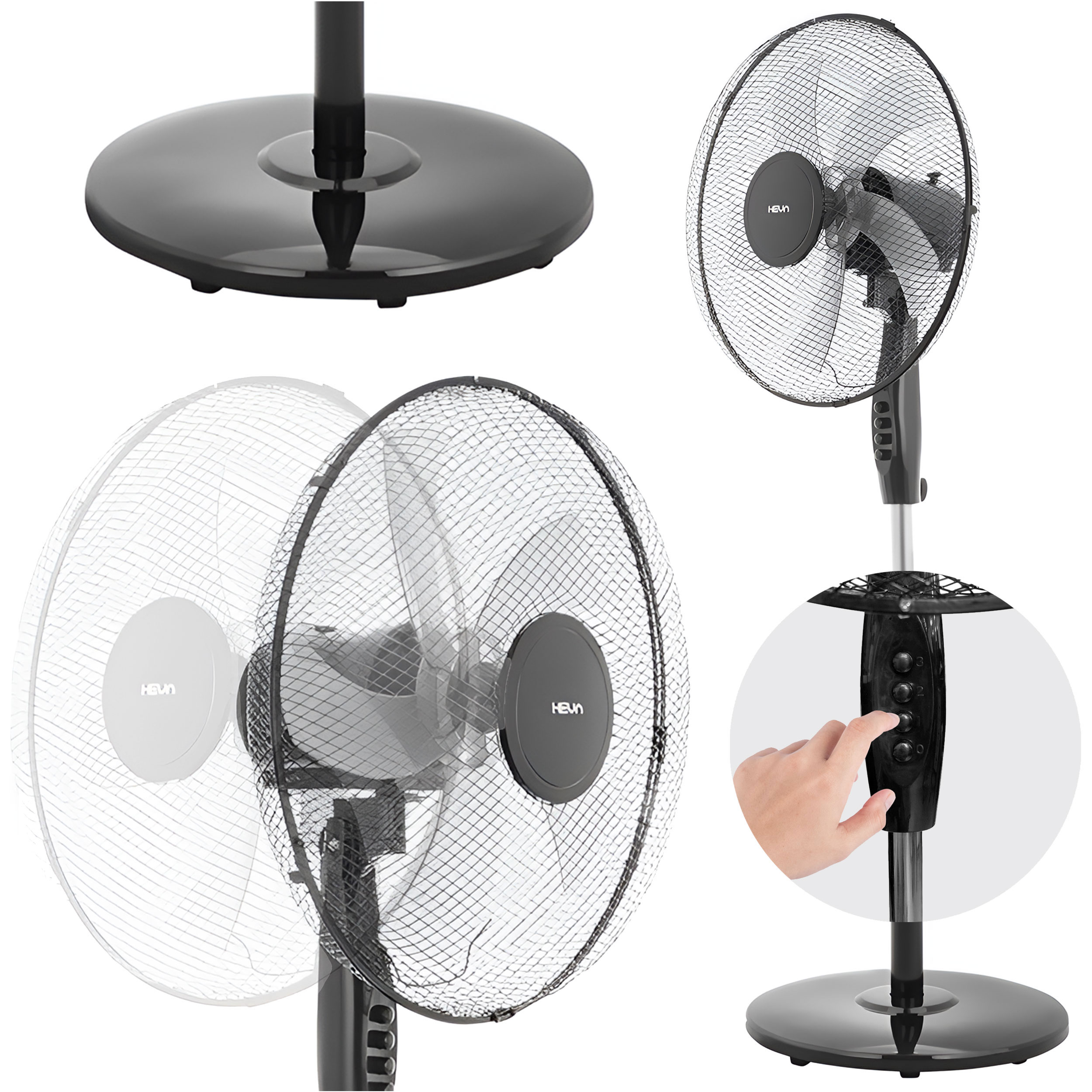 Czarny wentylator stojący z siatkową osłoną i przyciskami sterowania.