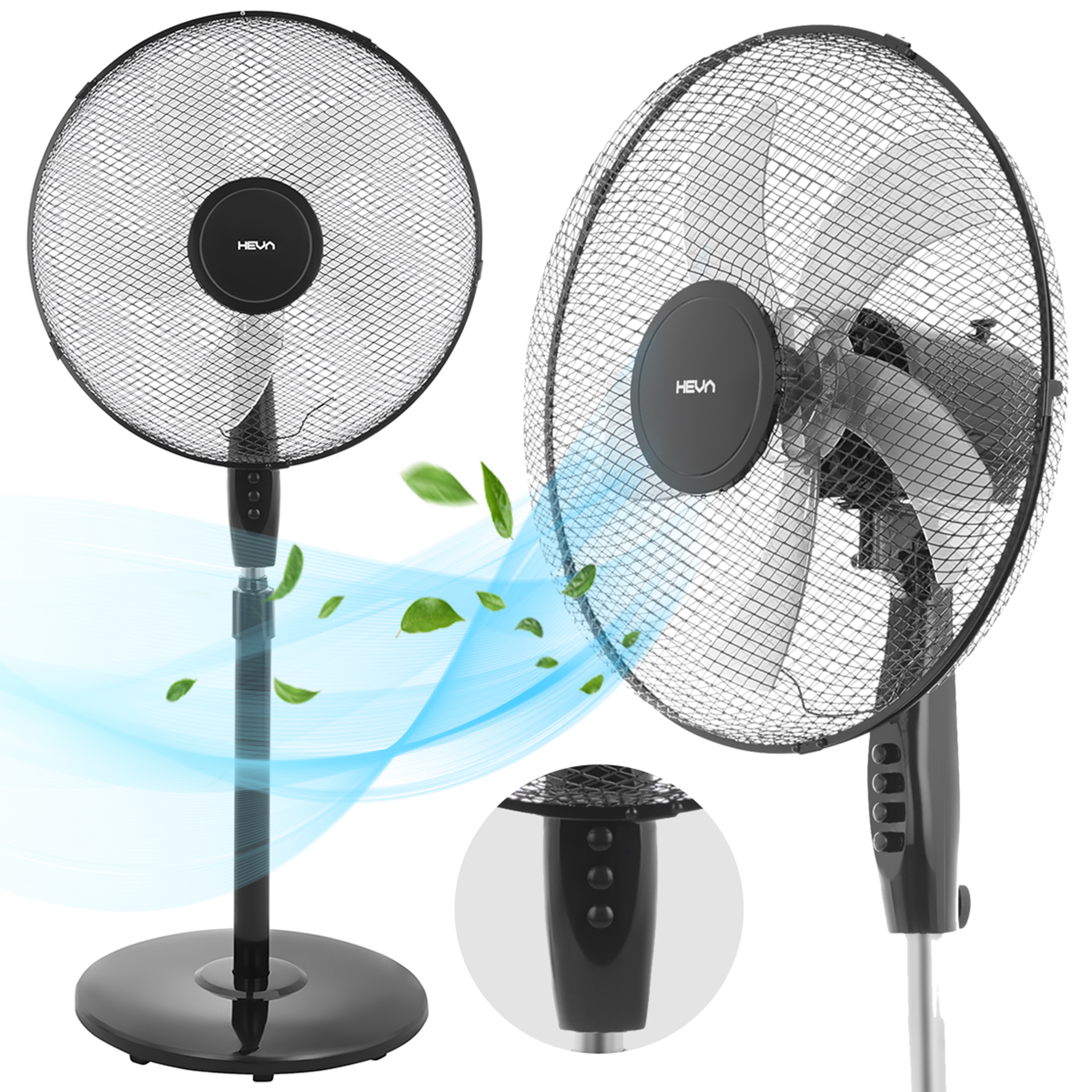 Dwa czarne wentylatory stojące z srebrnymi stojakami i trzema przyciskami.