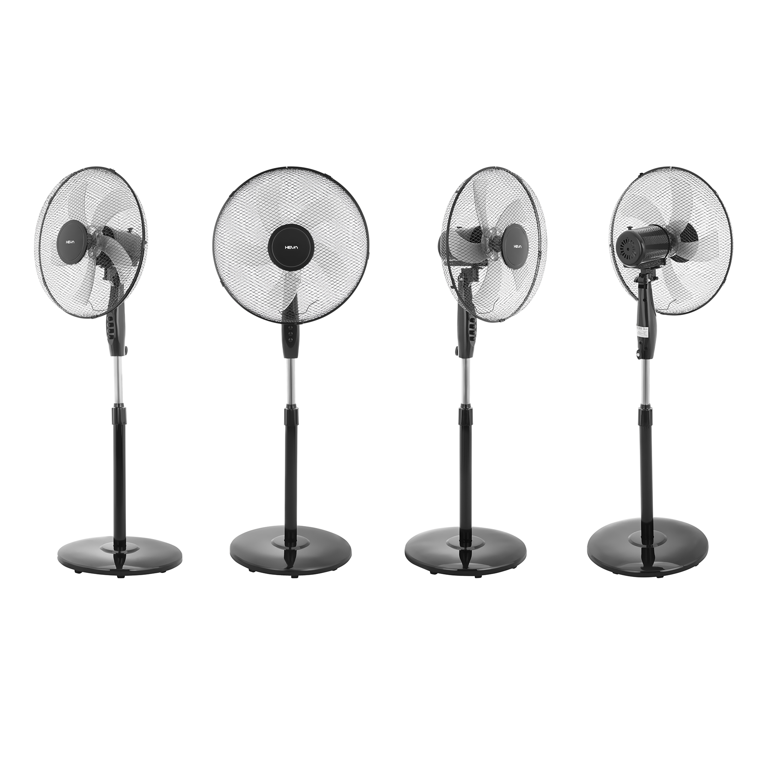Cztery czarne wentylatory stojące na białym tle, pokazane z różnych stron.