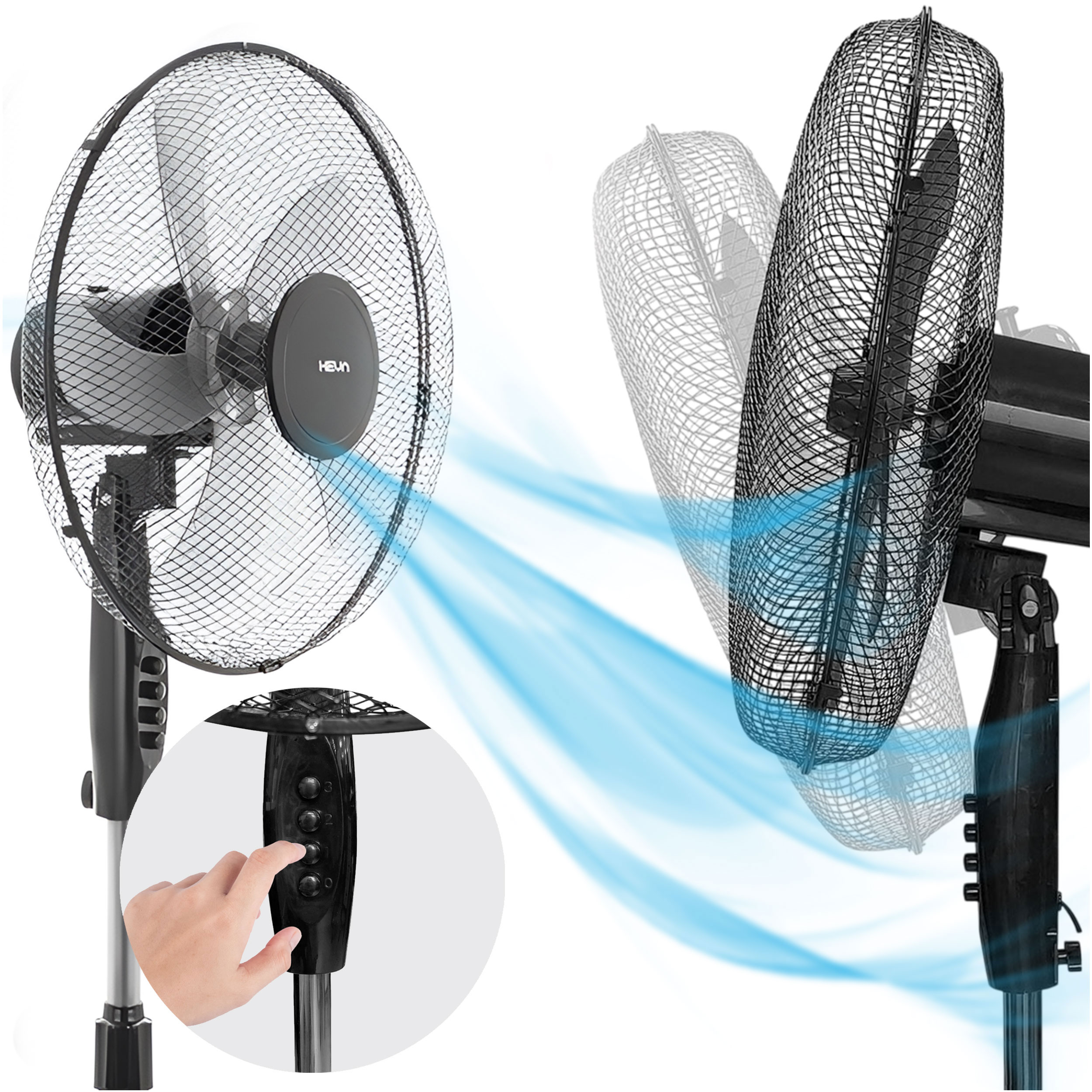 Czarny wentylator stojący z niebieskimi strumieniami powietrza i ręką naciskającą przyciski.