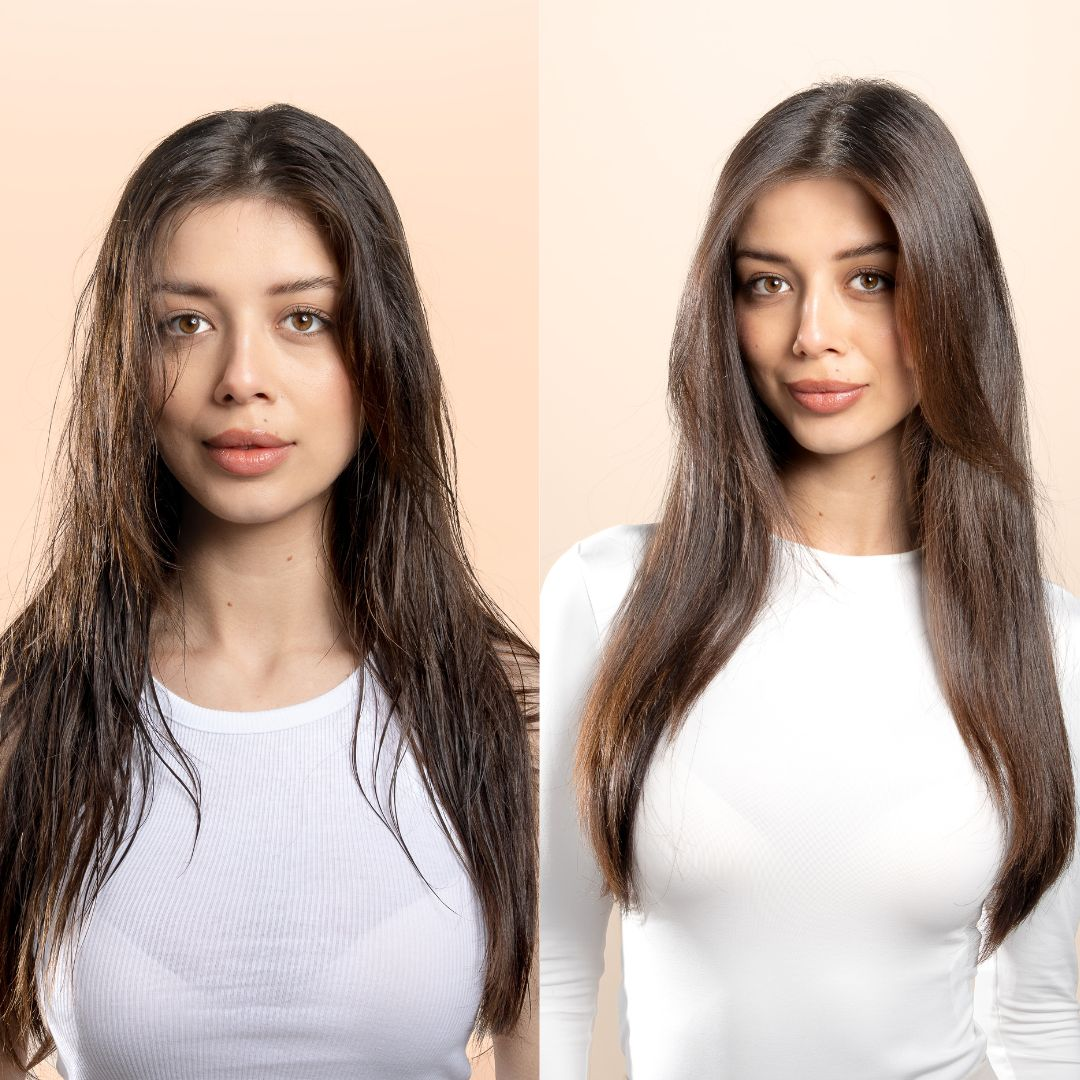Confronto: Donna con capelli bagnati a sinistra, asciutti a destra.