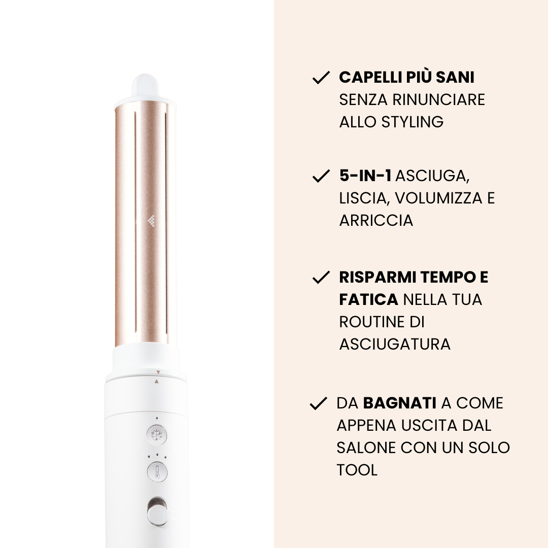 Un attrezzo bianco e oro rosa per lo styling dei capelli con controlli e testo.