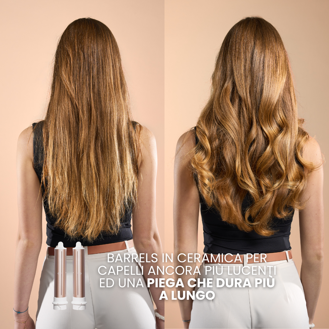 Immagine prima e dopo dei capelli lunghi di una donna, lisci e poi ondulati.