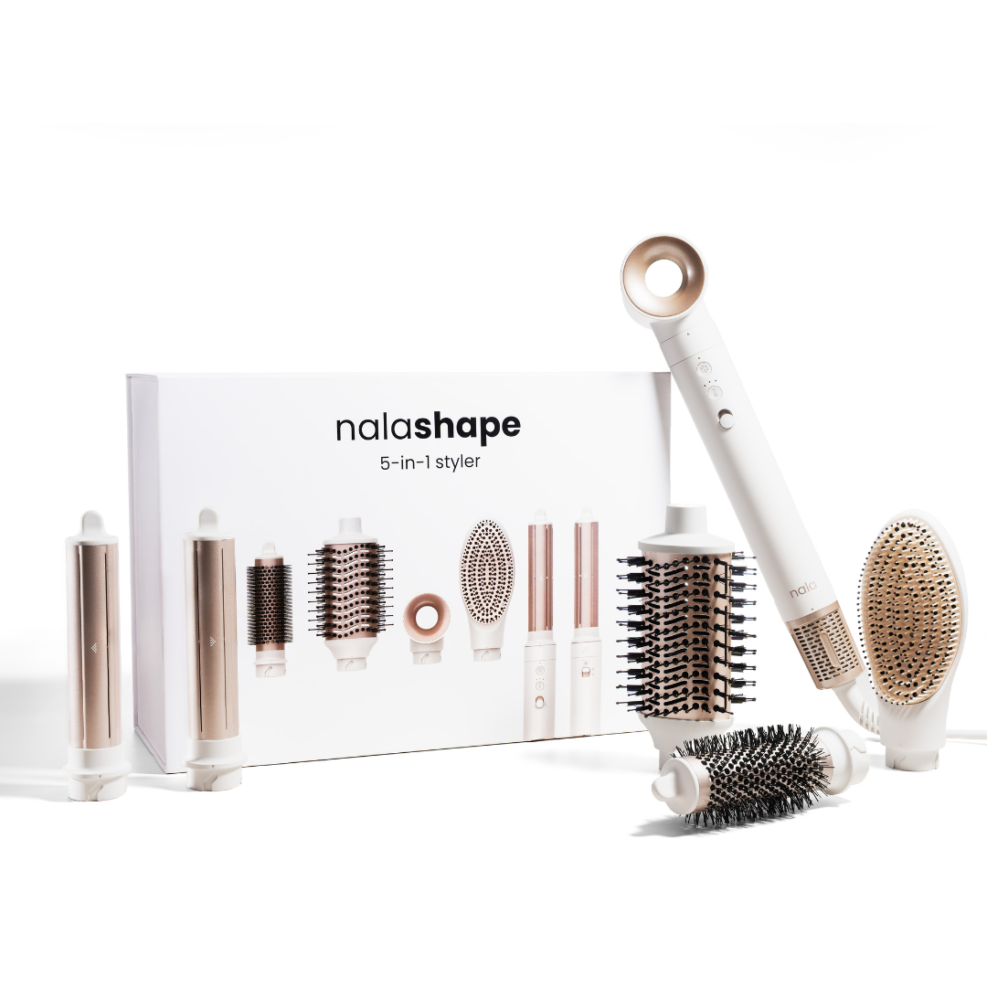 Set styler capelli 5 in 1 bianco e oro rosa con diverse spazzole.