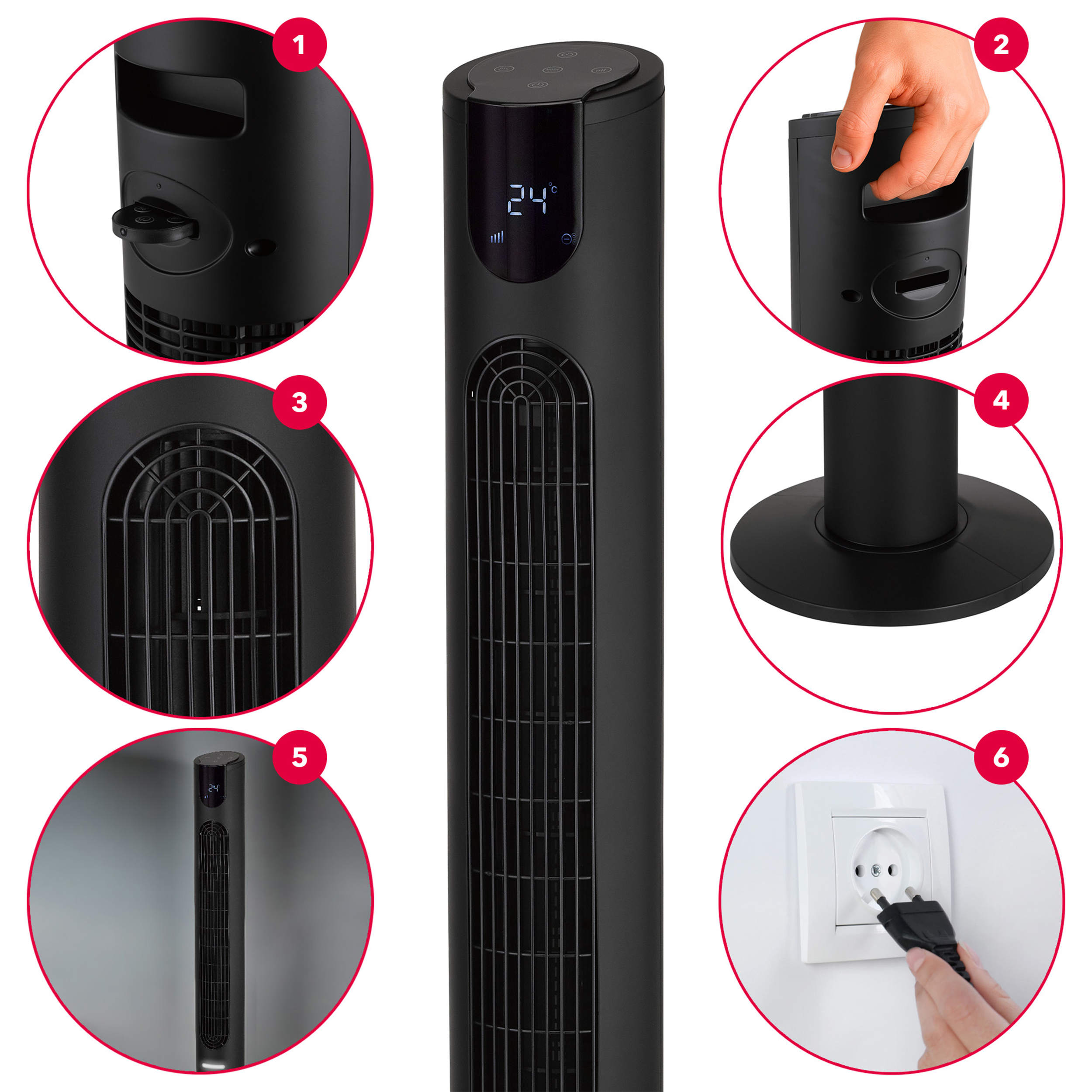 Czarny wentylator wieżowy z elementami sterującymi, uchwytem, kratką, podstawą i wtyczką.