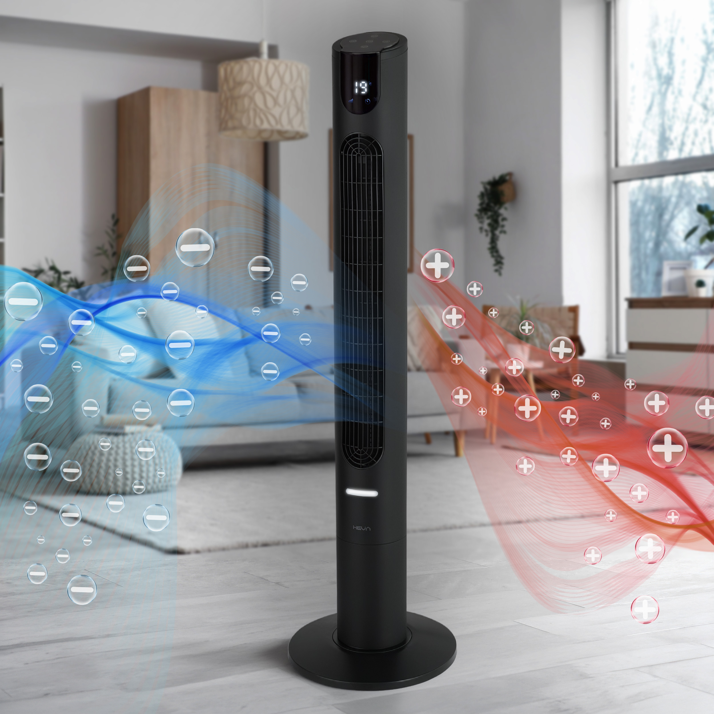 Czarny wentylator wieżowy w salonie, emitujący powietrze z symbolami minus i plus.