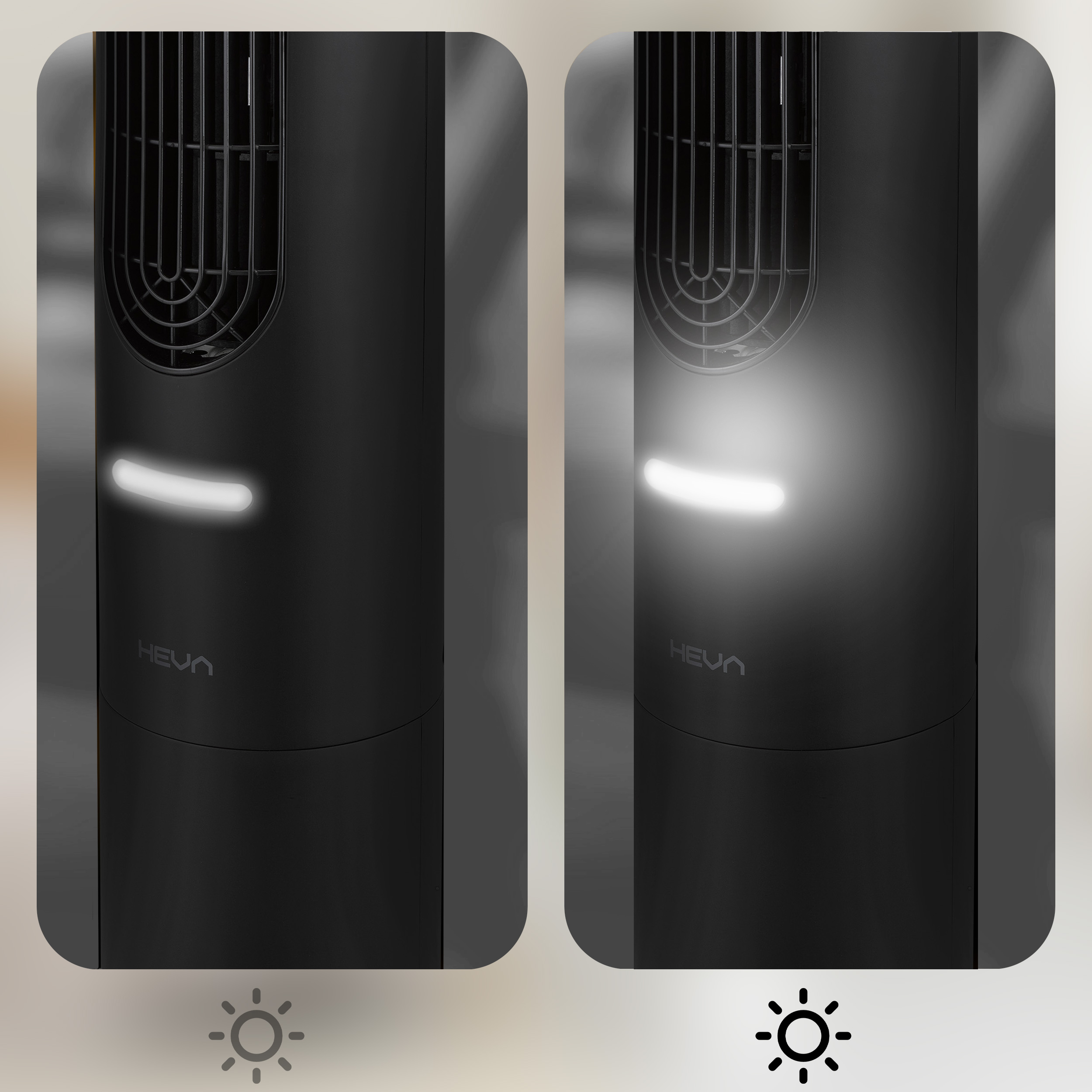 Dwa czarne wentylatory wieżowe obok siebie, jeden jaśniejszy od drugiego.