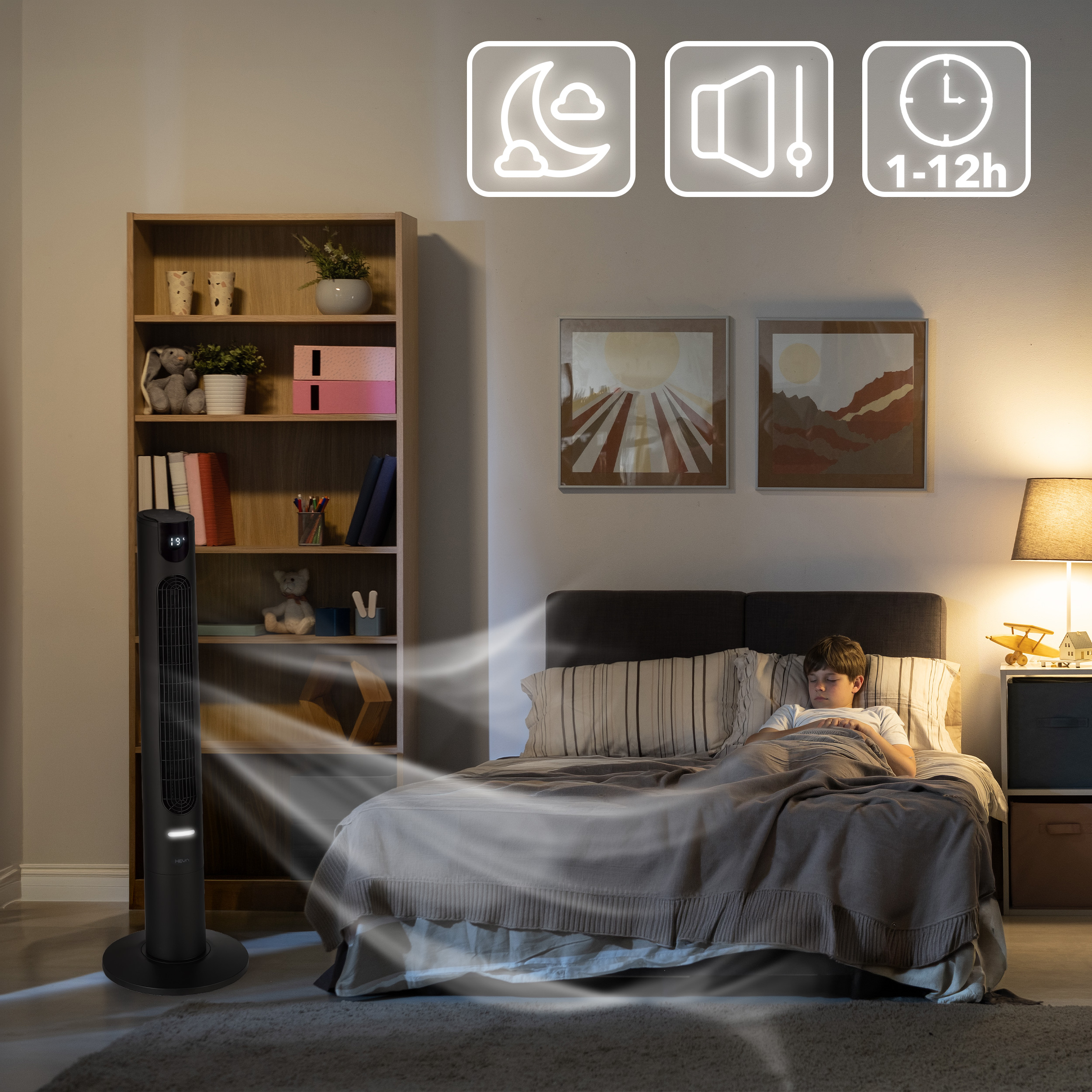 Czarny wentylator wieżowy dmucha powietrze na śpiącego chłopca w łóżku. Ikony.