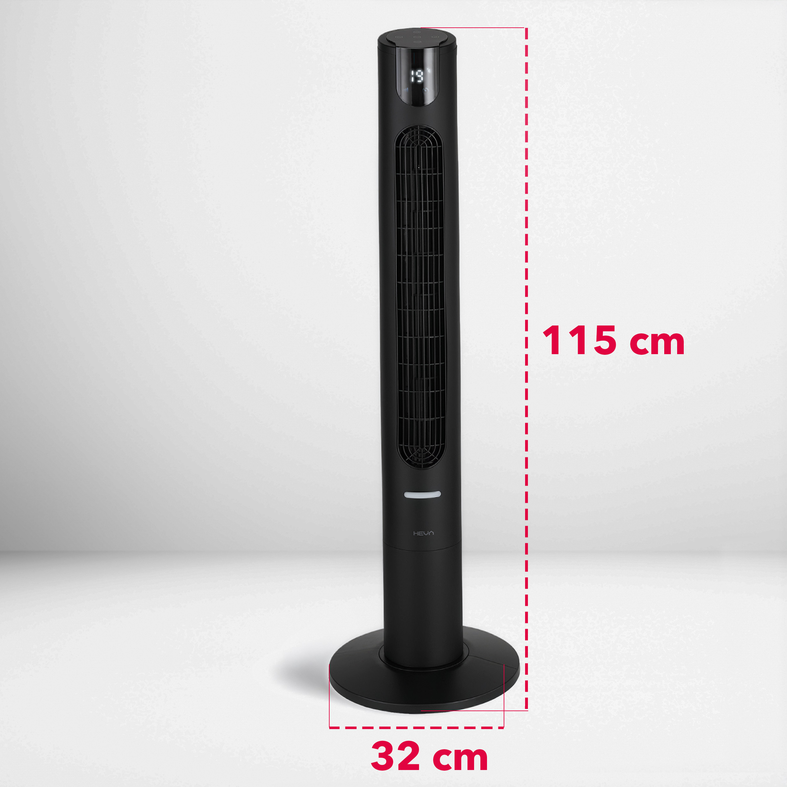Czarny wentylator wieżowy z cyfrowym wyświetlaczem, wysoki na 115 cm, szeroki na 32 cm.
