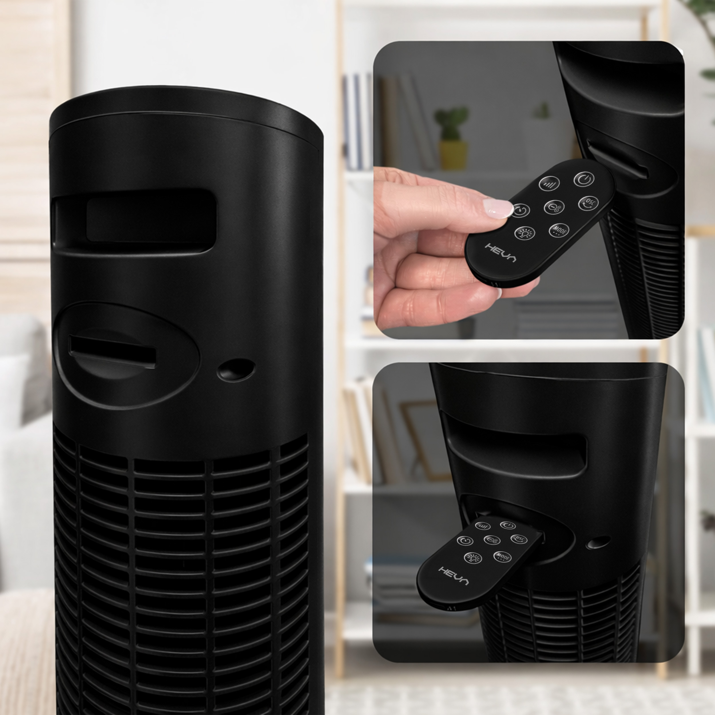 Czarny wentylator wieżowy z pilotem trzymanym przez dłoń.