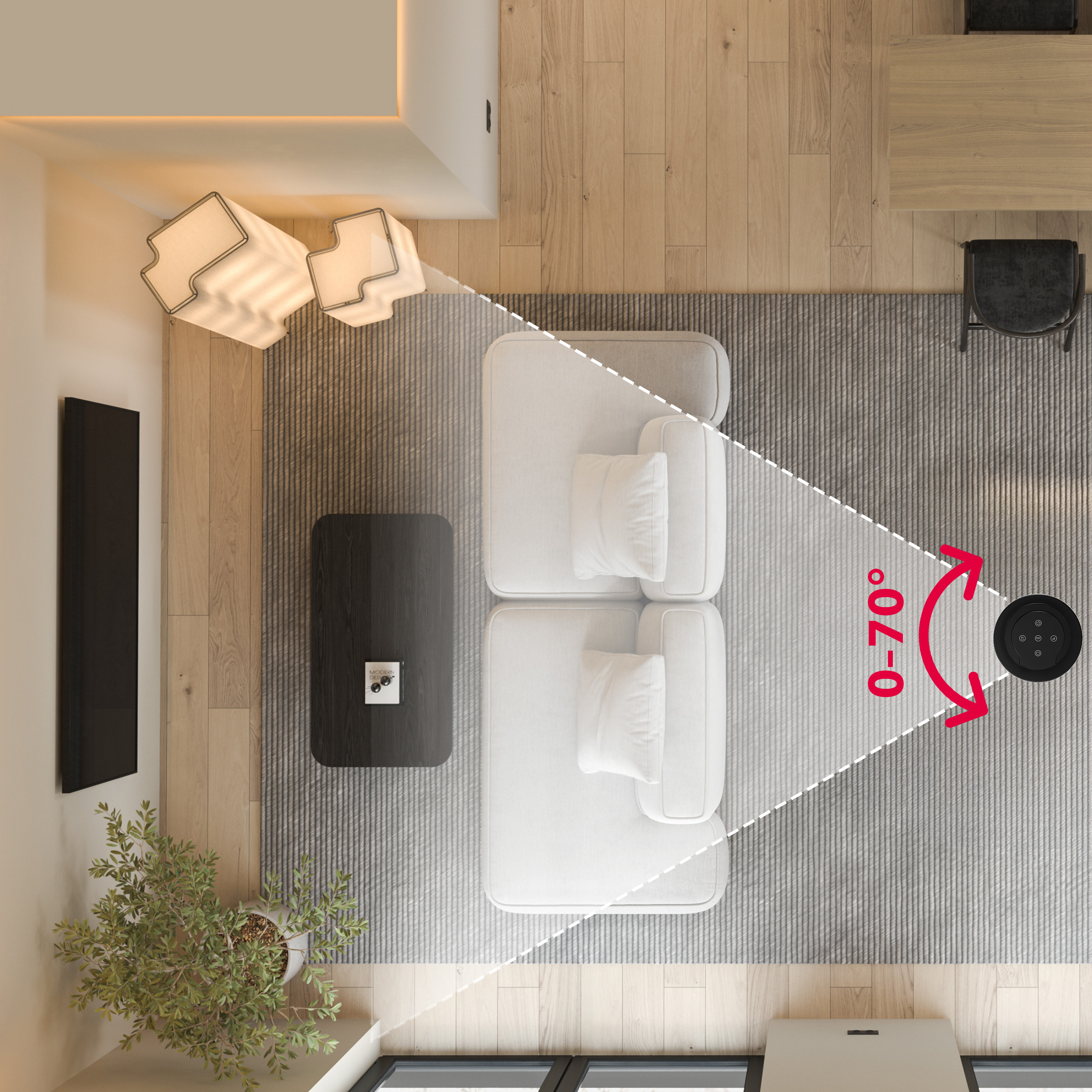 Robot sprzątający czyści dywan obok sofy i stolika kawowego, pokazując zasięg czyszczenia.