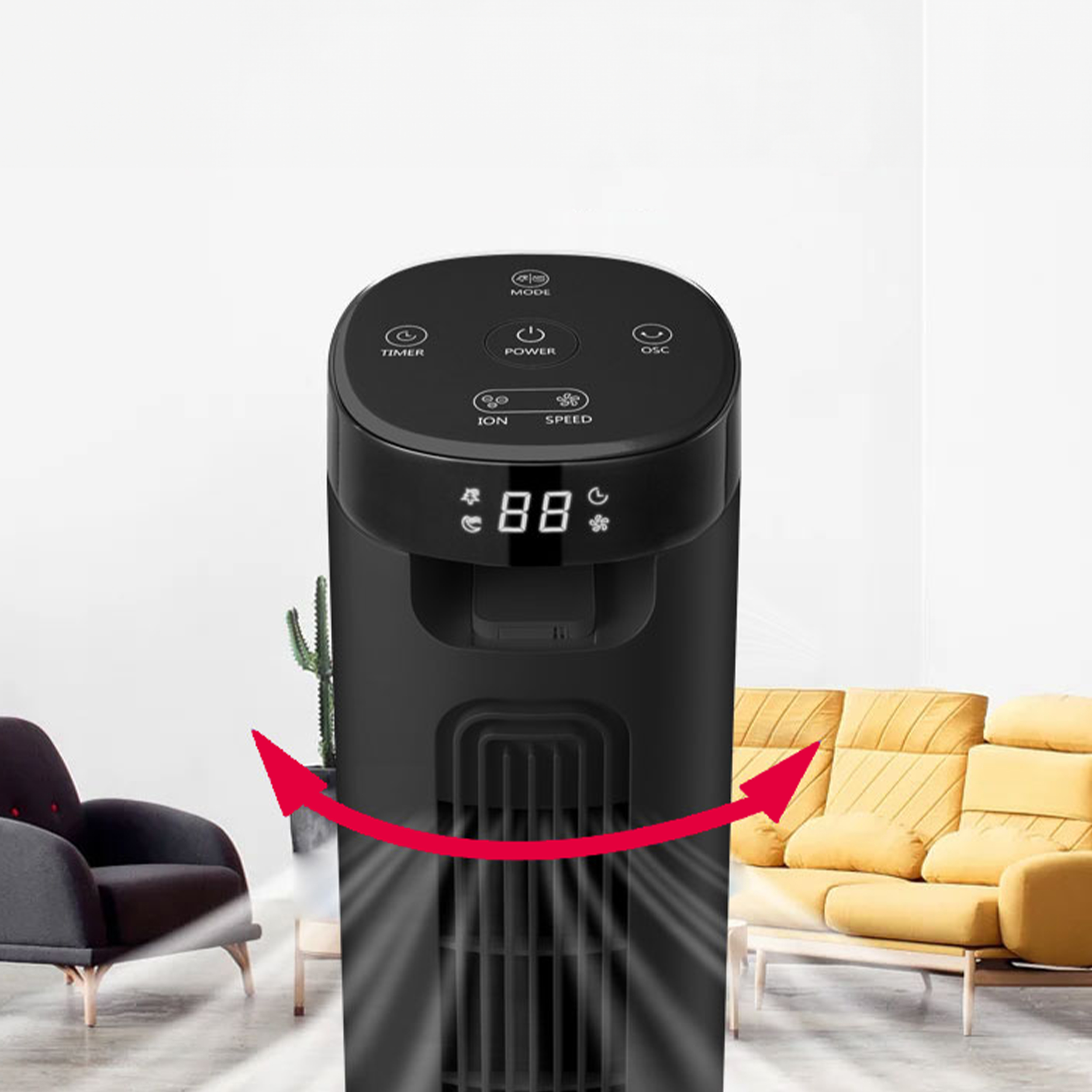 Czarny wentylator wieżowy z cyfrowymi wyświetlaczami i przyciskami sterowania.