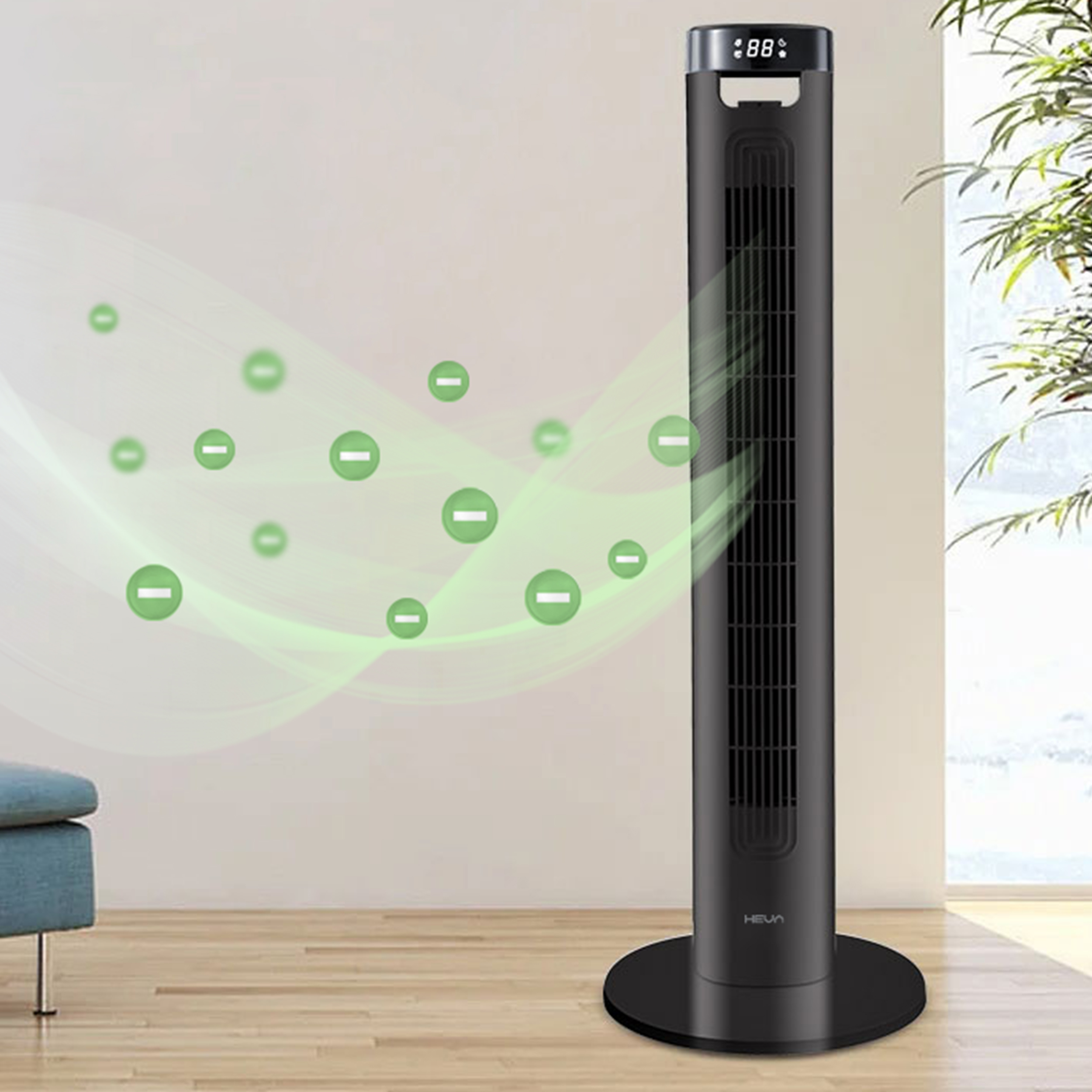 Czarny wentylator wieżowy z cyfrowym wyświetlaczem, pokazujący powietrze.