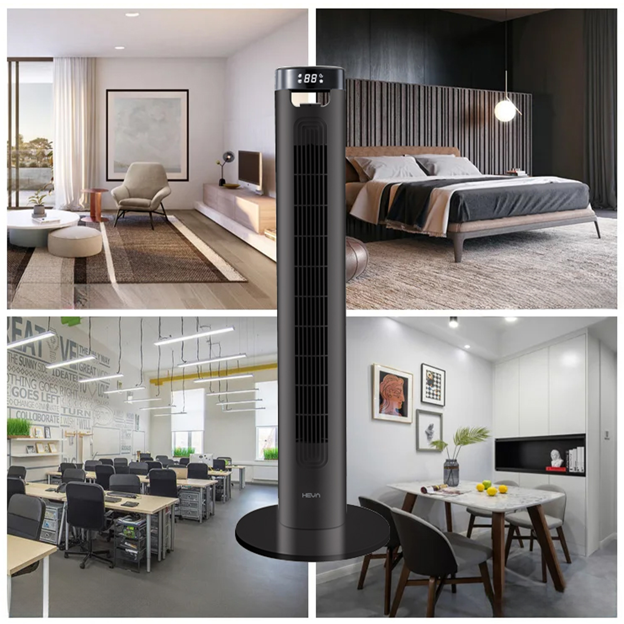 Kolaż czterech scen: salon, sypialnia, biuro i jadalnia z wentylatorem wieżowym.