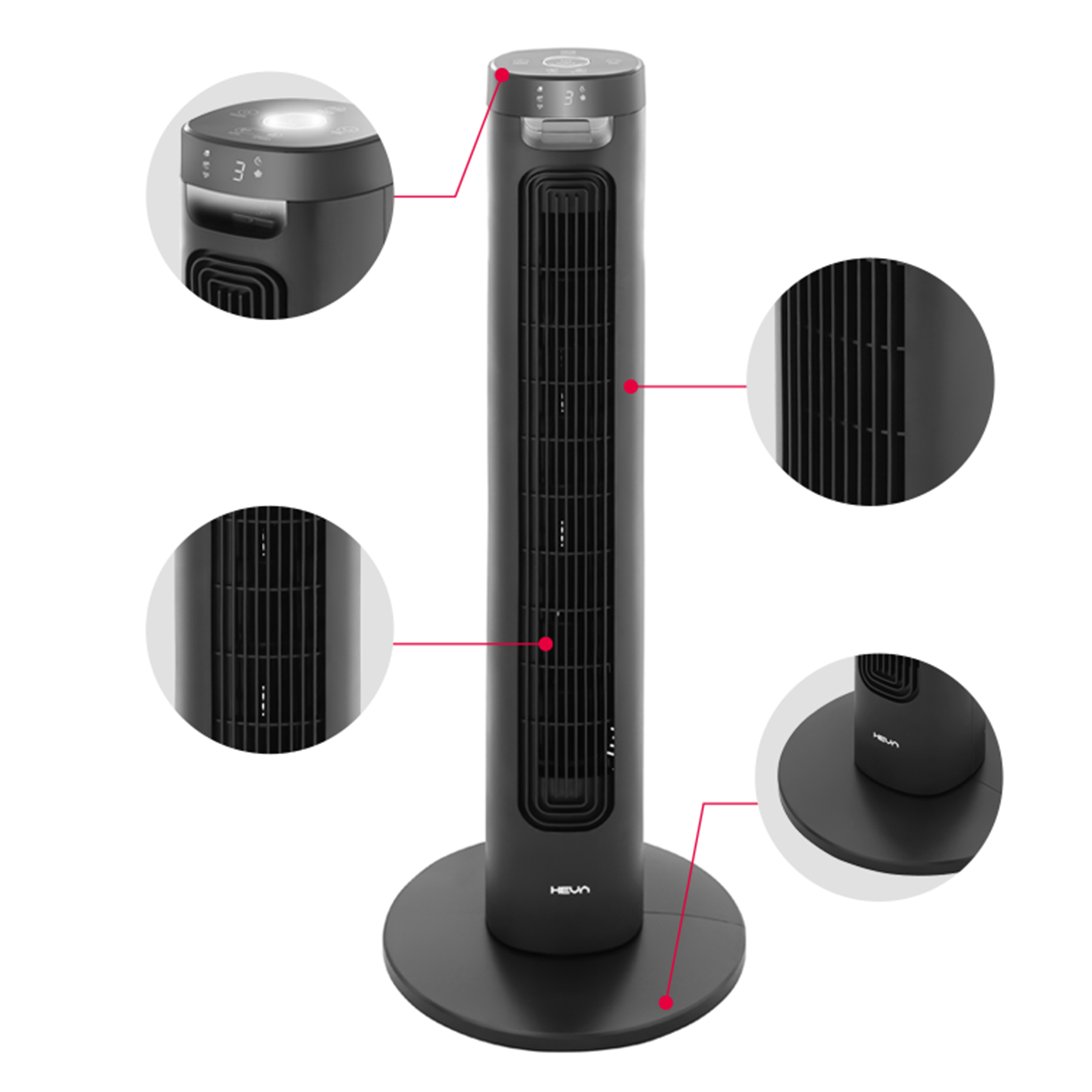 Czarny wentylator wieżowy z okrągłą podstawą i cyfrowym wyświetlaczem.