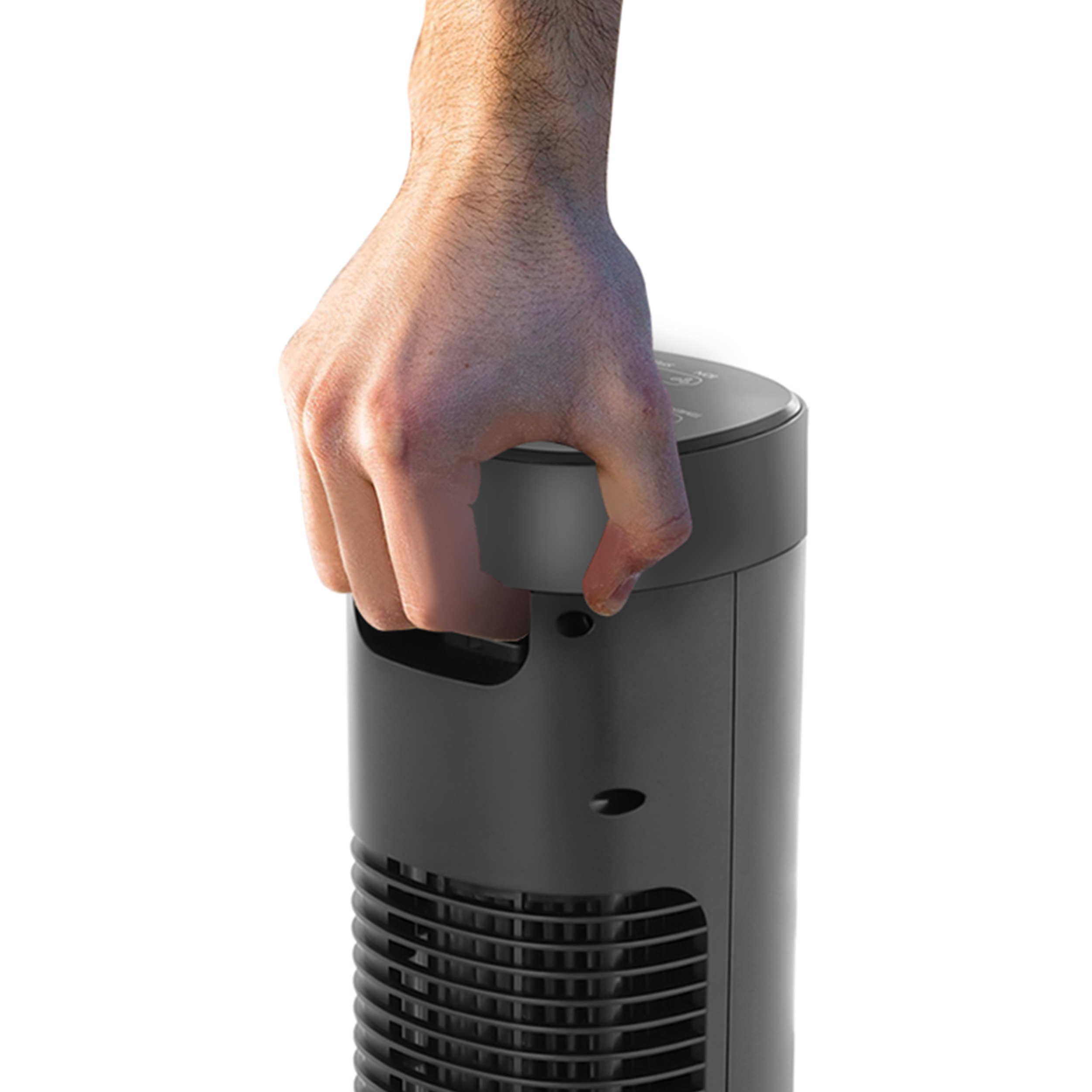 Ręka chwyta za uchwyt czarnego wentylatora wieżowego.