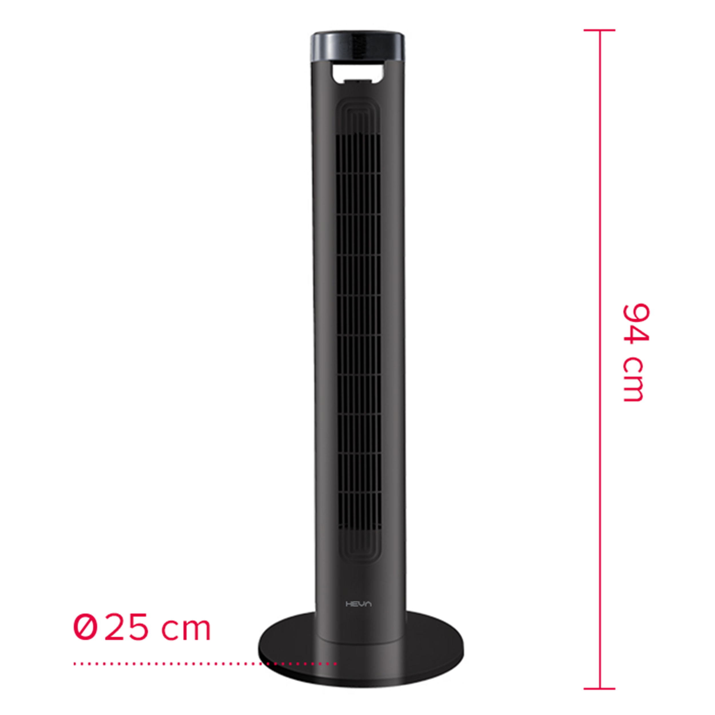Czarny wentylator wieżowy, wysokość 94 cm, średnica 25 cm.