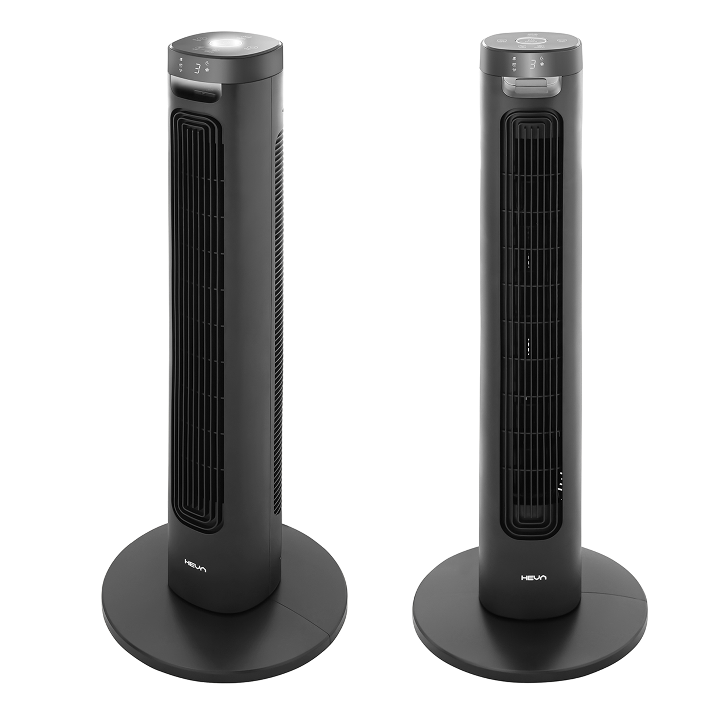 Dwa czarne wentylatory wieżowe z okrągłymi podstawami na białym tle.