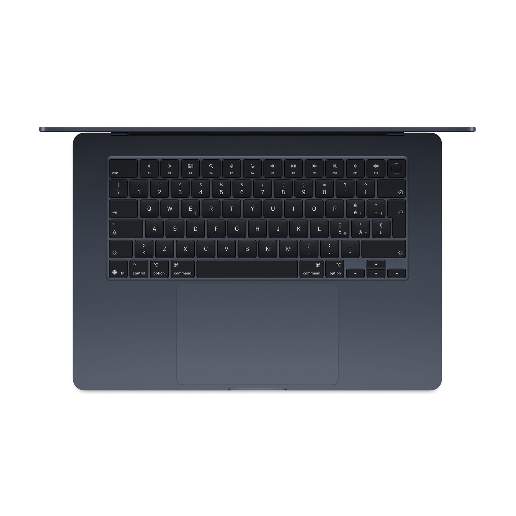 Ciemnoniebieski laptop z widoczną klawiaturą i gładzikiem.