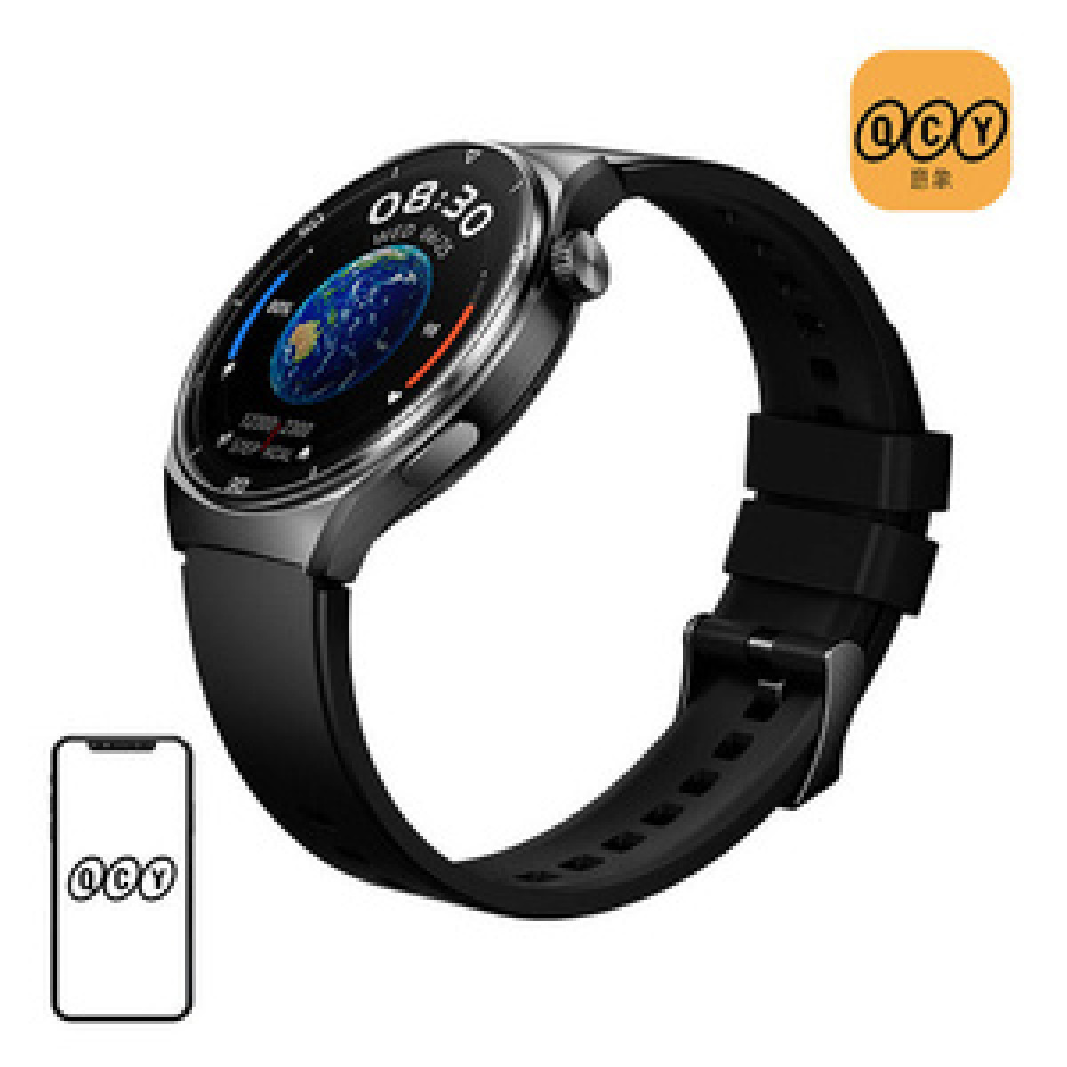 Telefon simgesi yanında Dünya ekranlı siyah akıllı saat. QCY logosu.