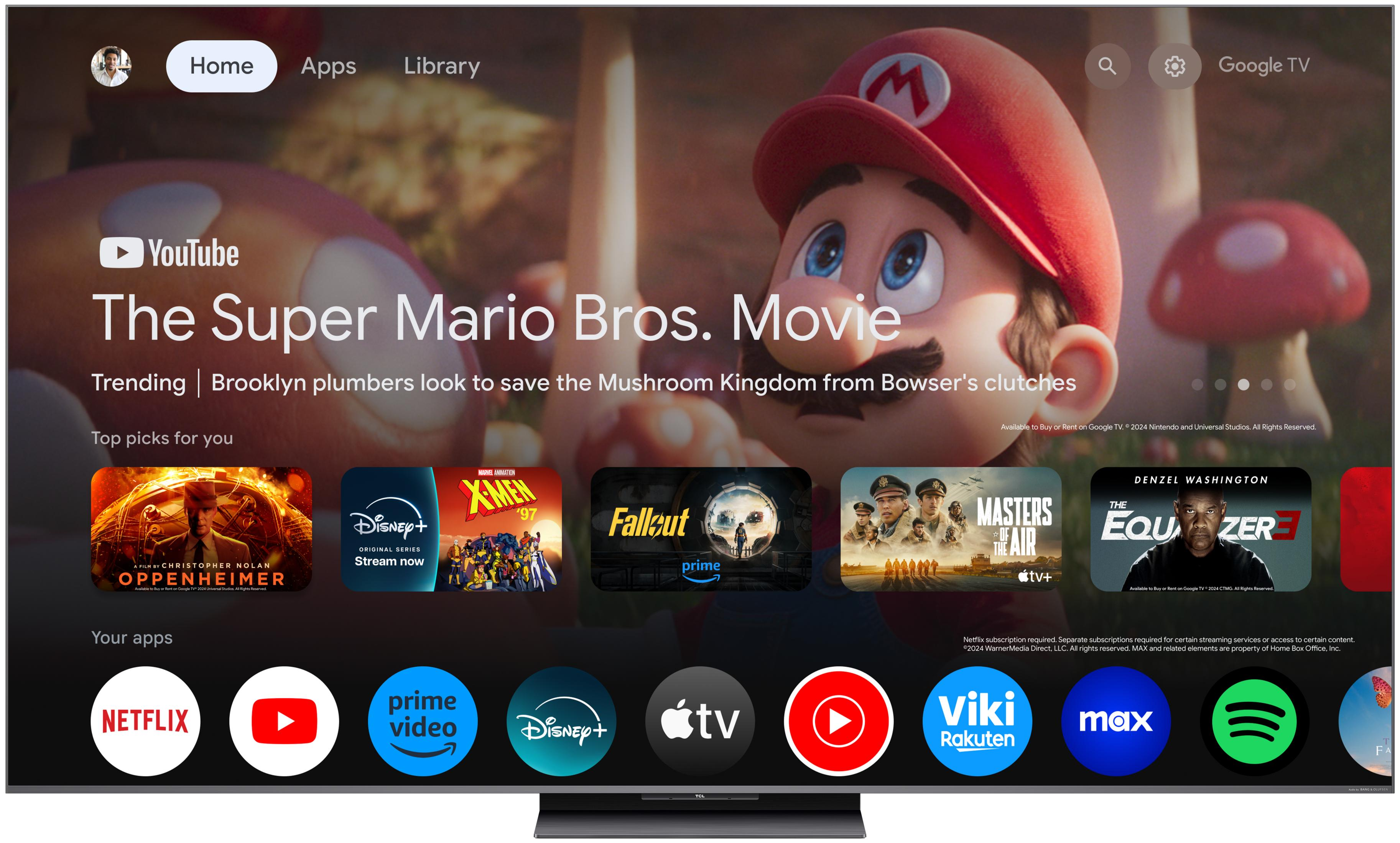 Ekran główny Google TV z filmem Super Mario Bros., Oppenheimer, Fallout i aplikacjami.