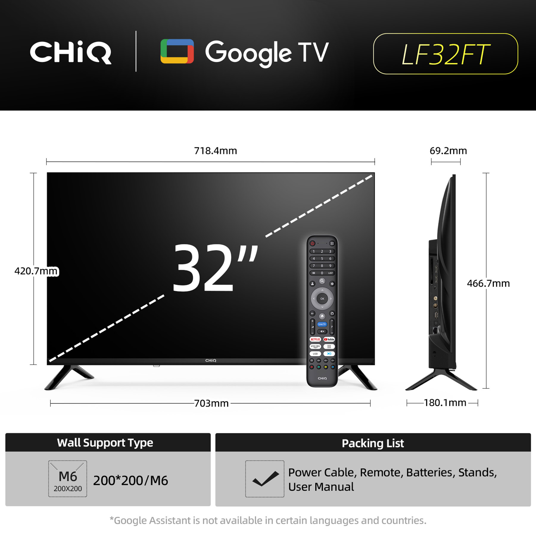TV CHIQ Google de 32 pulgadas con mando. Se muestran dimensiones e info soporte pared.