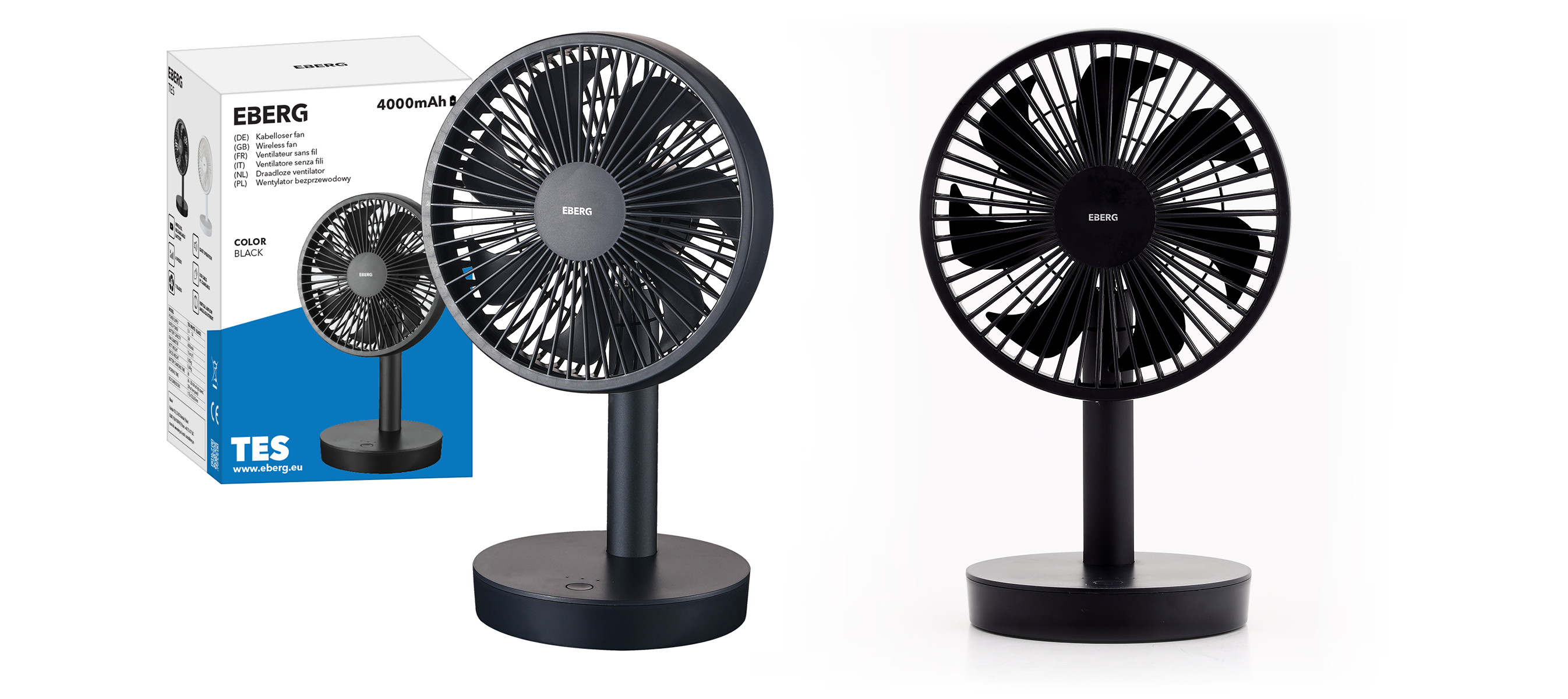 Dwa czarne, bezprzewodowe wentylatory Eberg na białym tle, jeden z opakowaniem.