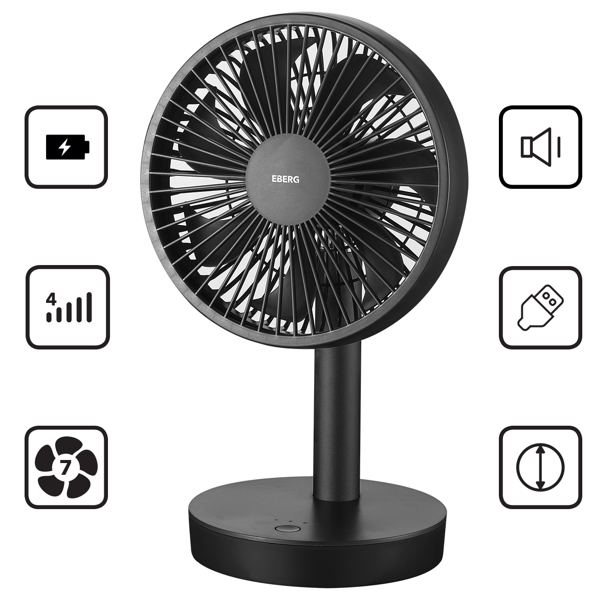 Czarny wentylator biurkowy z ikonami baterii, sygnału, głośności, USB, wentylatora i rozmiaru.