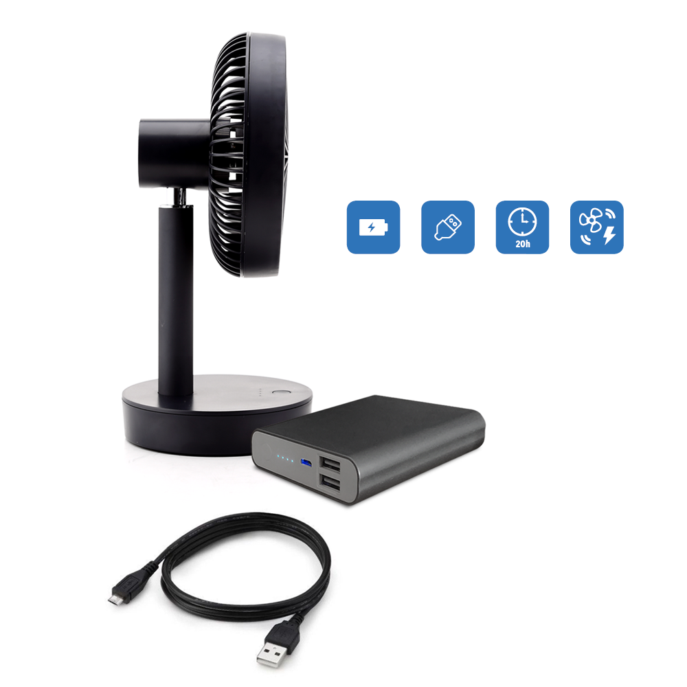 Czarny przenośny wentylator, power bank i kabel USB z ikonami baterii, USB, 20h i wentylatora.