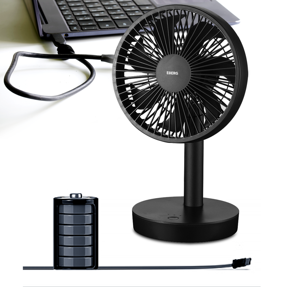 Czarny wentylator podłączony przez USB do laptopa. Obok bateria.