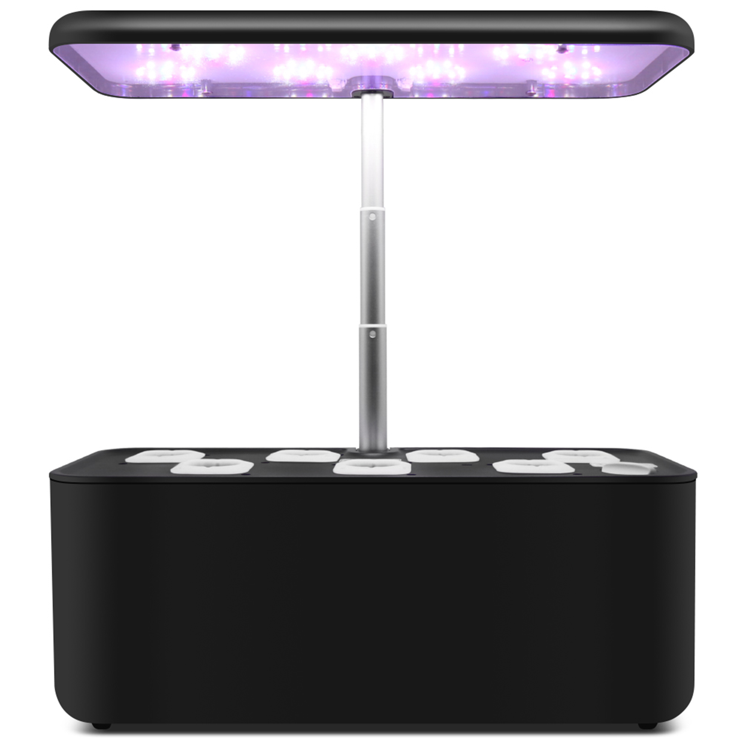 Czarny ogród domowy z lampami LED do uprawy. Widoczne białe doniczki.