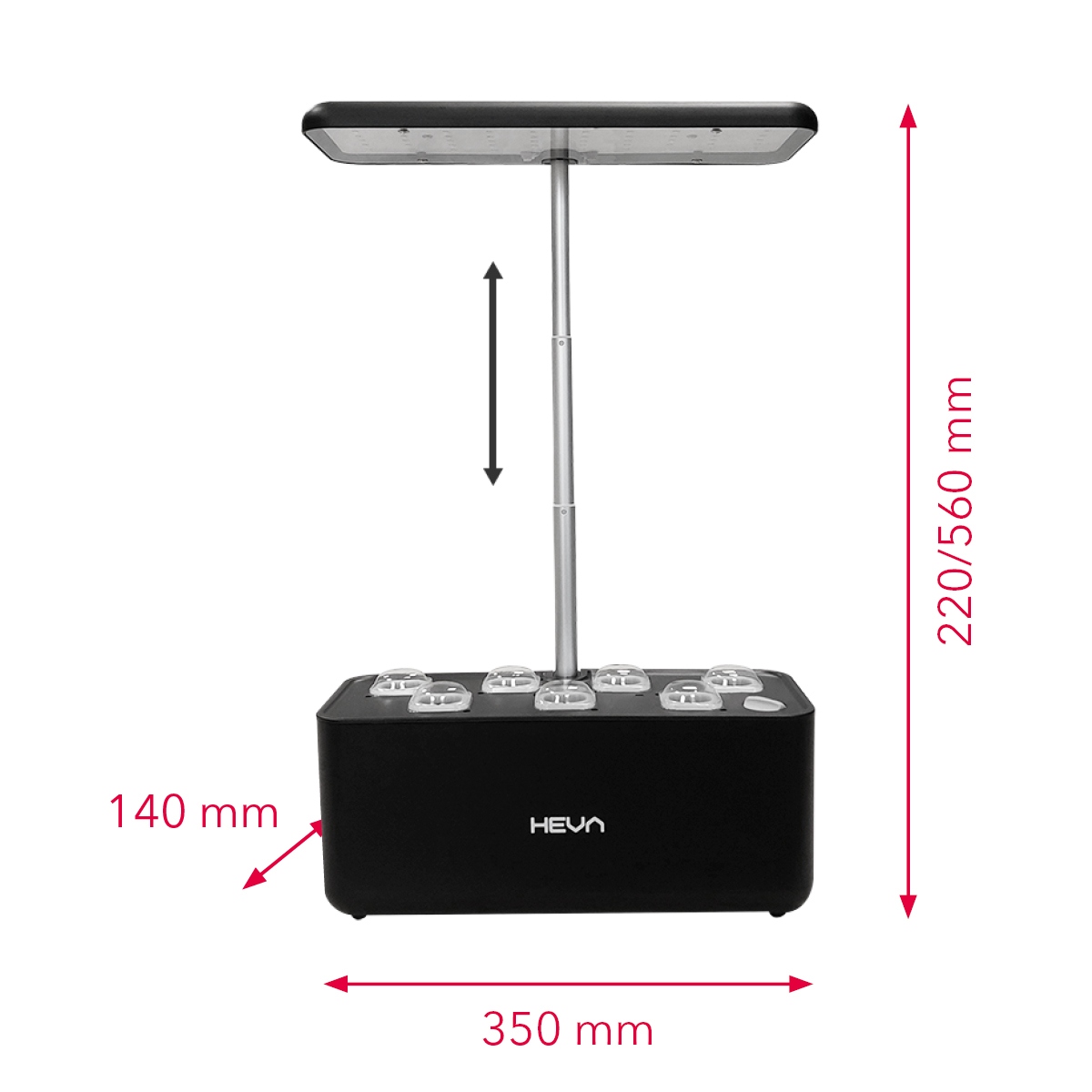 Czarna domowa donica z regulowanym oświetleniem LED. Wymiary podane.