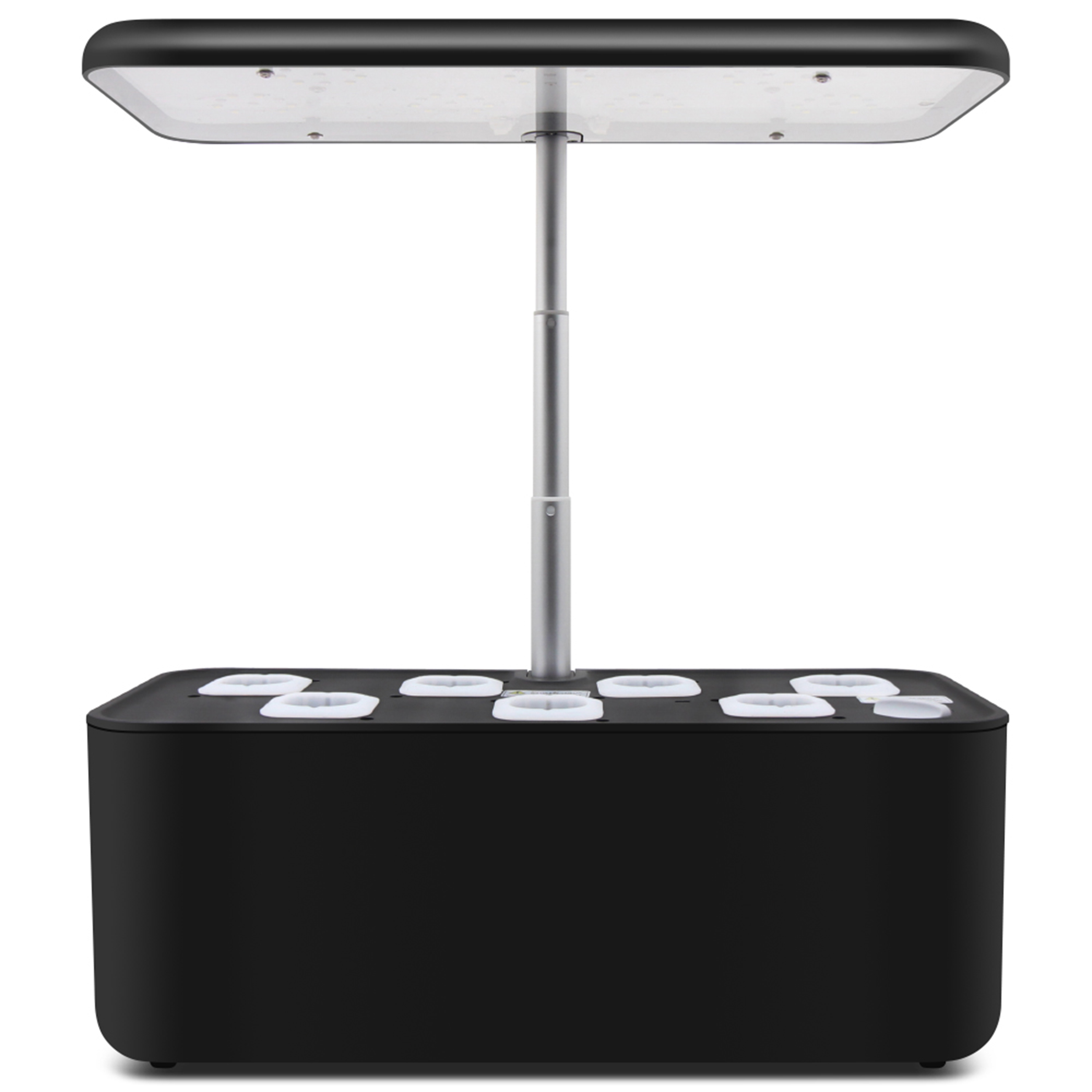 Czarna hydroponiczna doniczka z lampą LED i siedmioma miejscami na rośliny.