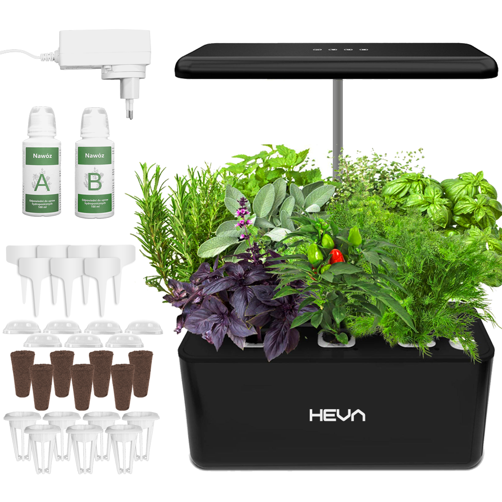 Czarny ogród hydroponiczny z ziołami, światłem LED i akcesoriami.