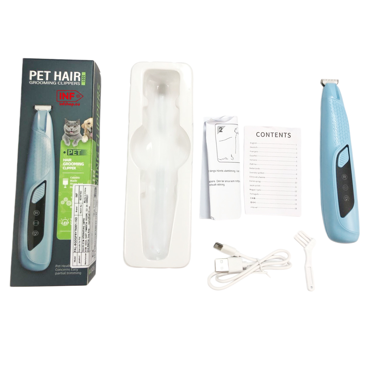 Un tagliacapelli blu per animali domestici con accessori, manuale e confezione.