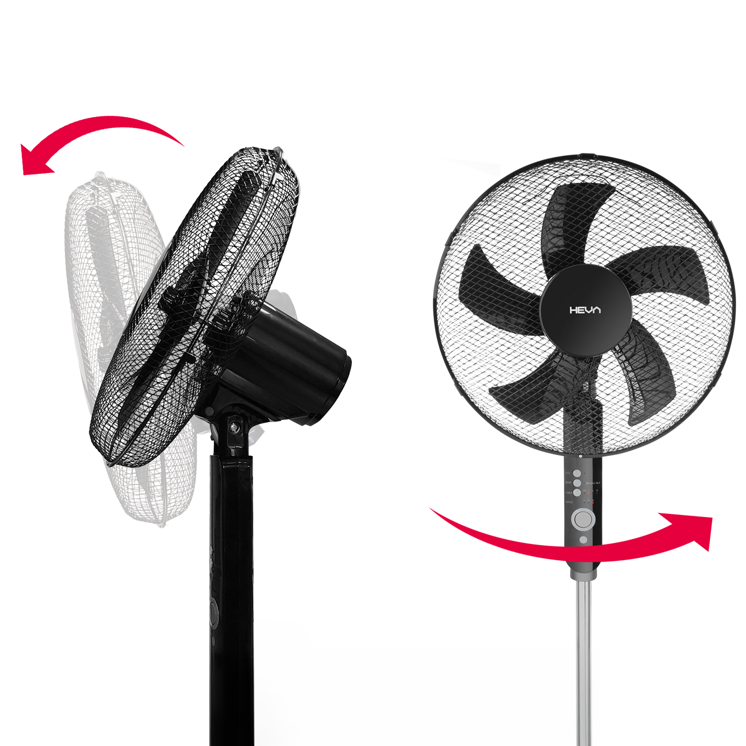 Czarny wentylator stojący ze strzałkami wskazującymi ruch oscylacyjny.