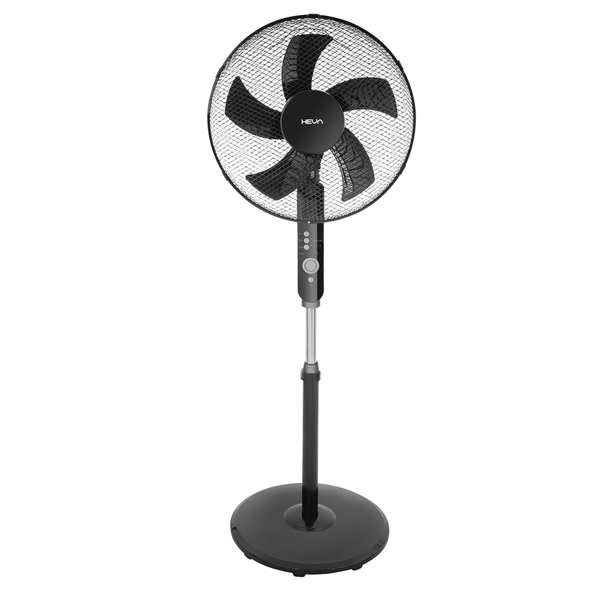 Czarny wentylator stojący z siatkową osłoną i trzema łopatkami.