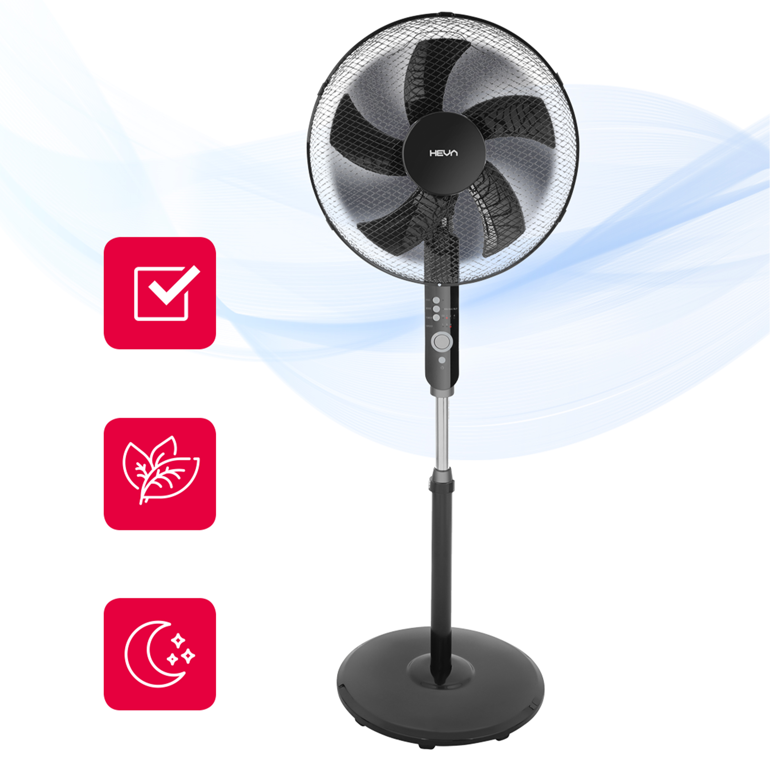 Czarny wentylator stojący z trzema ikonami: haczyk, liście, księżyc i gwiazdy.