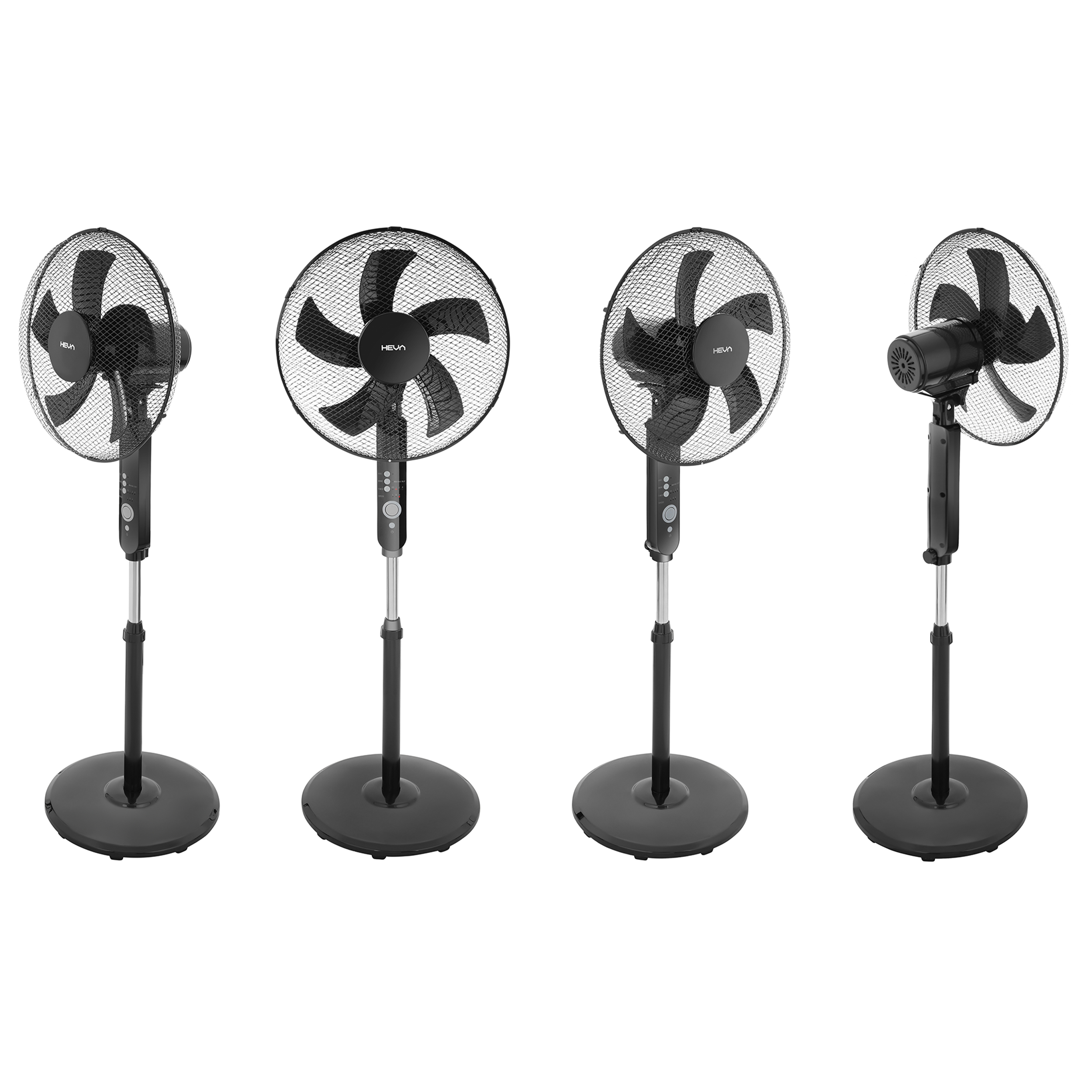 Cztery czarne wentylatory stojące z kratkami i łopatkami na białym tle.