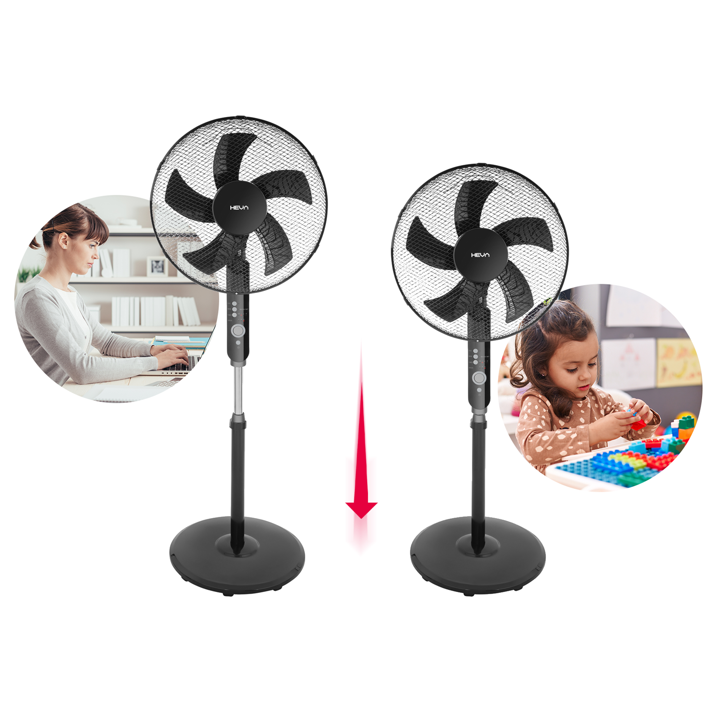 Kobieta przy laptopie i dziecko z klockami, oboje obok wentylatorów.