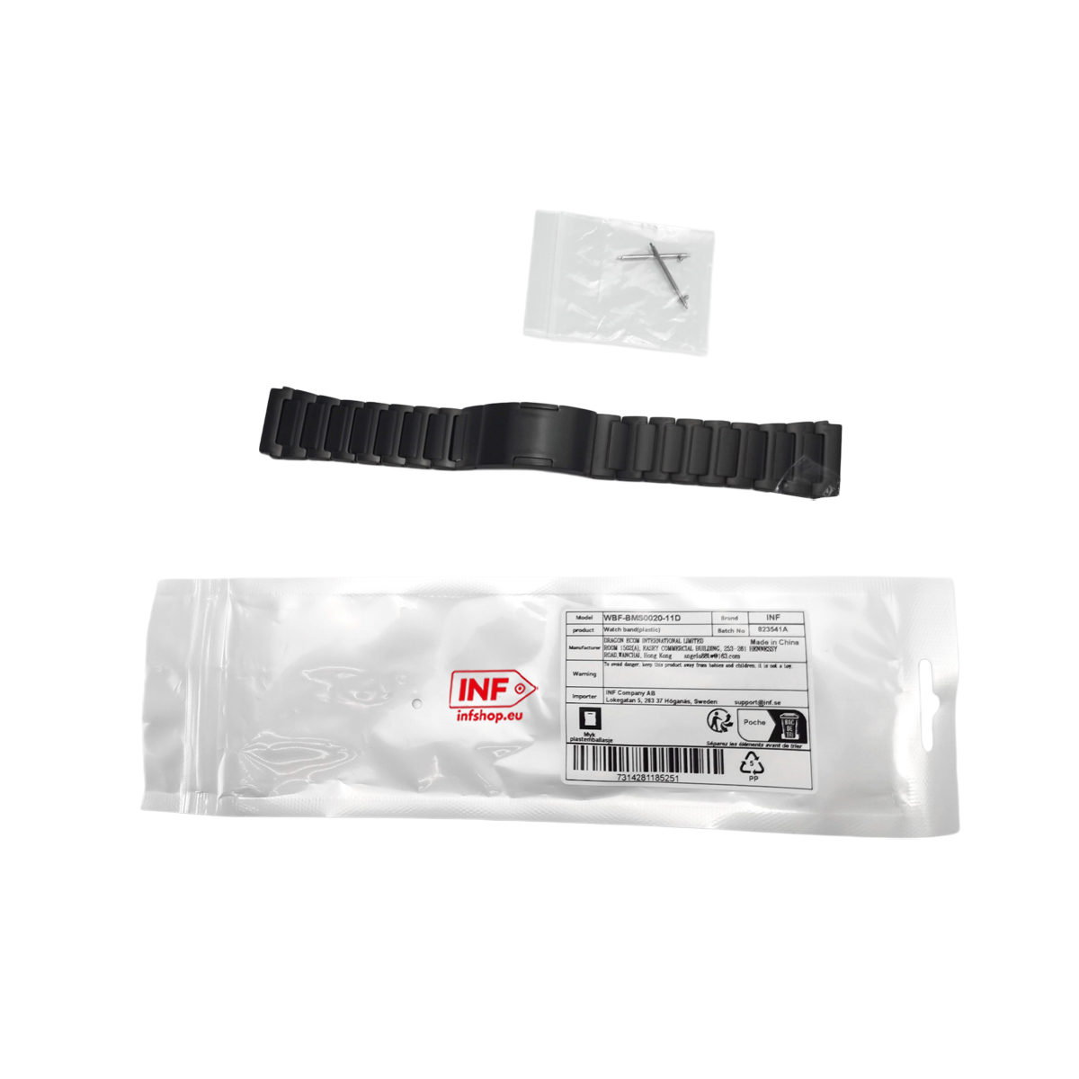 Schwarzes Kunststoff-Uhrenarmband mit kleinen Stiften in einer Plastiktüte.